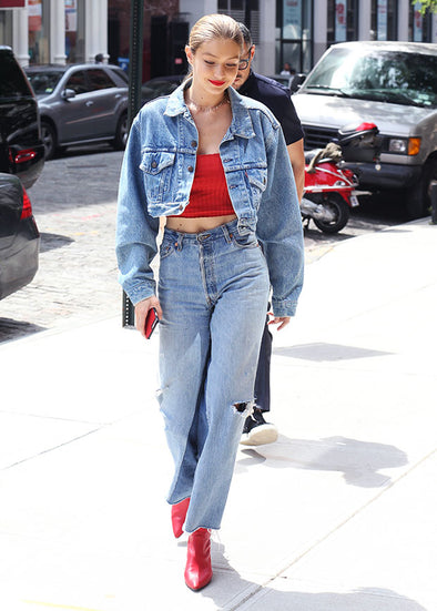 Gigi Hadid denim jacket and jeans outfit