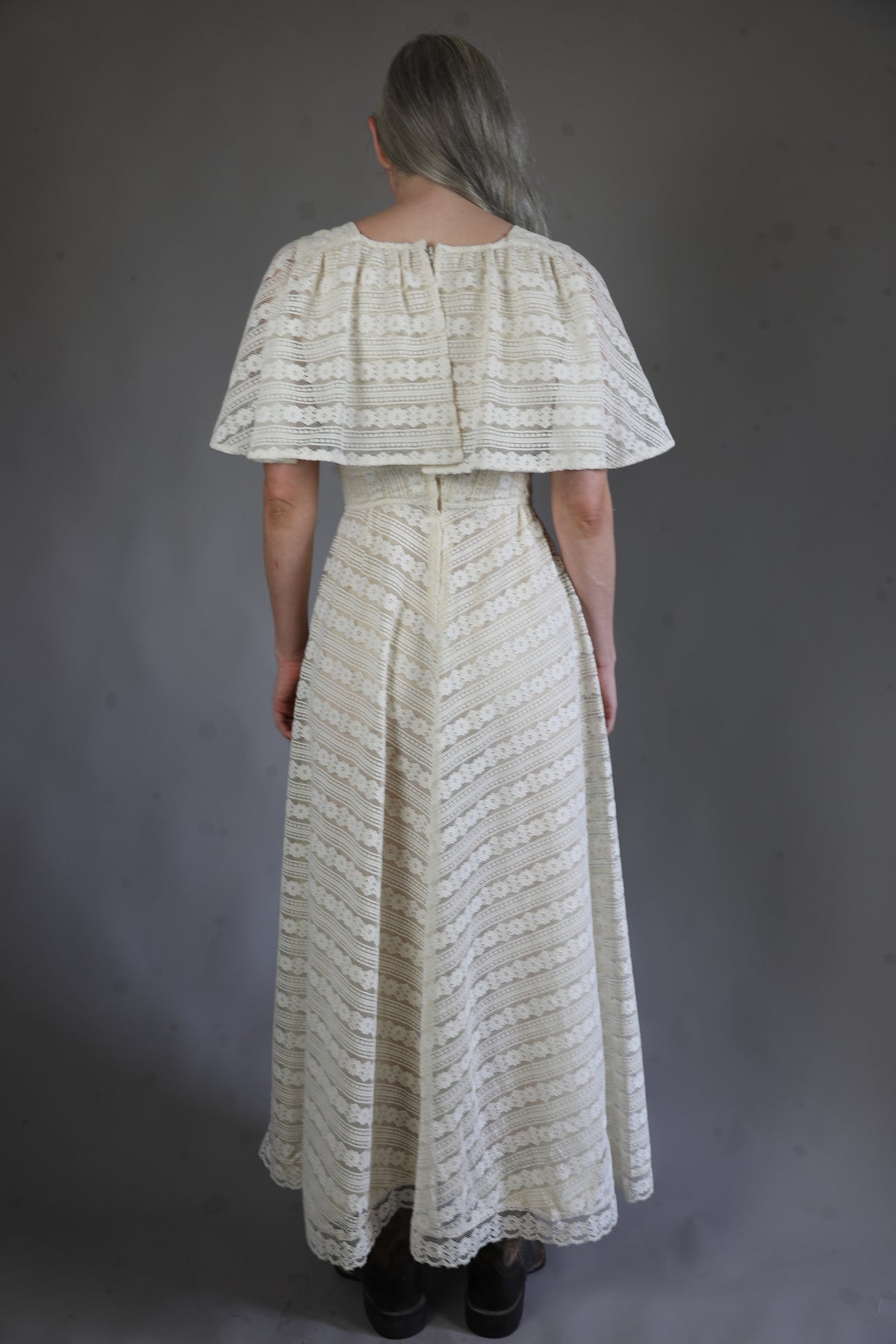 1970s Cream Lace Prairie Dress - 8