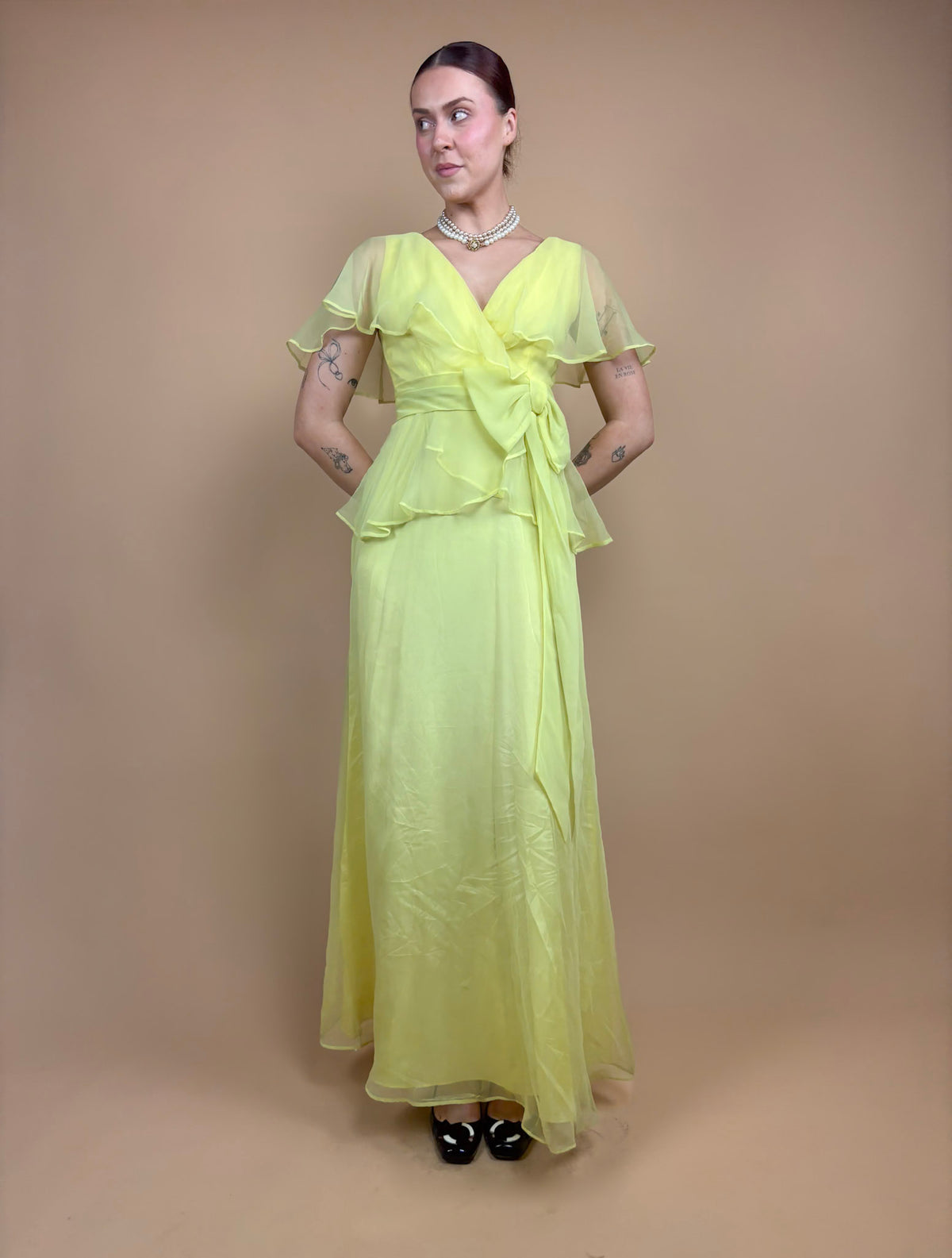 1970s Pale Yellow Sheer Evening Gown - 8