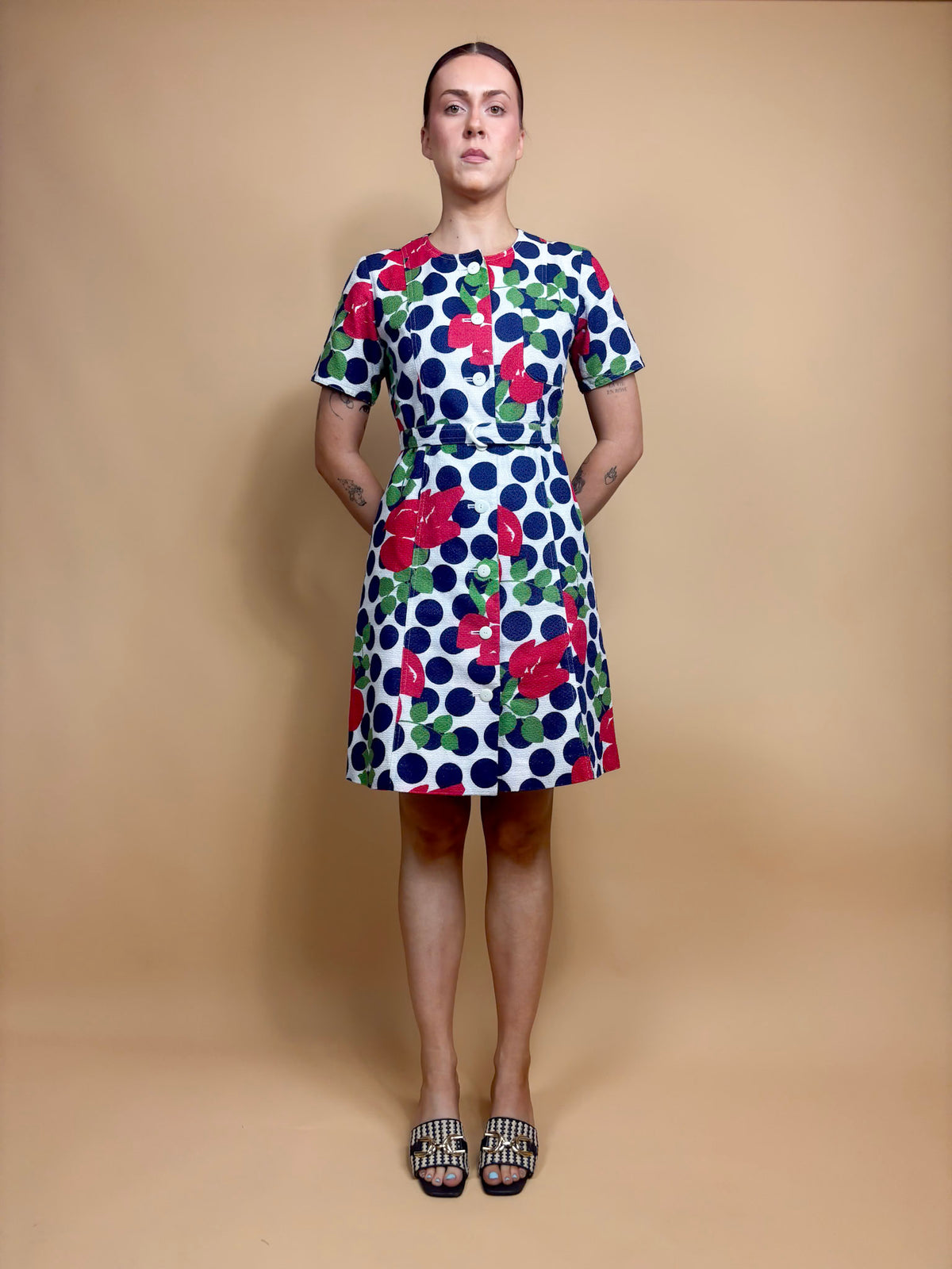 1960s Polka Dot & Floral A/line Dress - 10