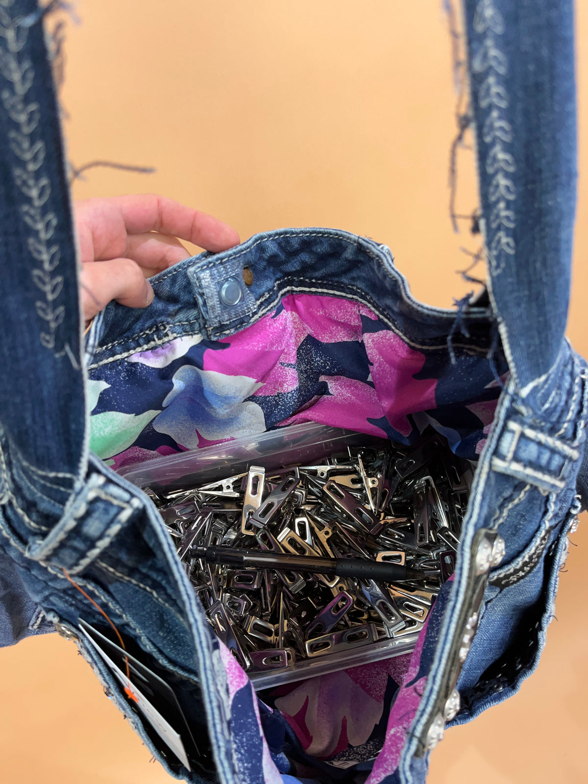 A/New Upcycled Denim Handbag Navy/Floral