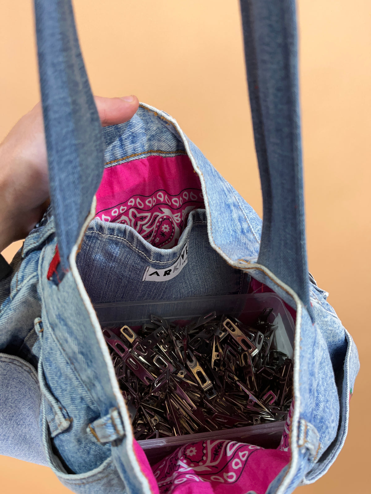 A/New Upcycled Denim Handbag Navy/Pink