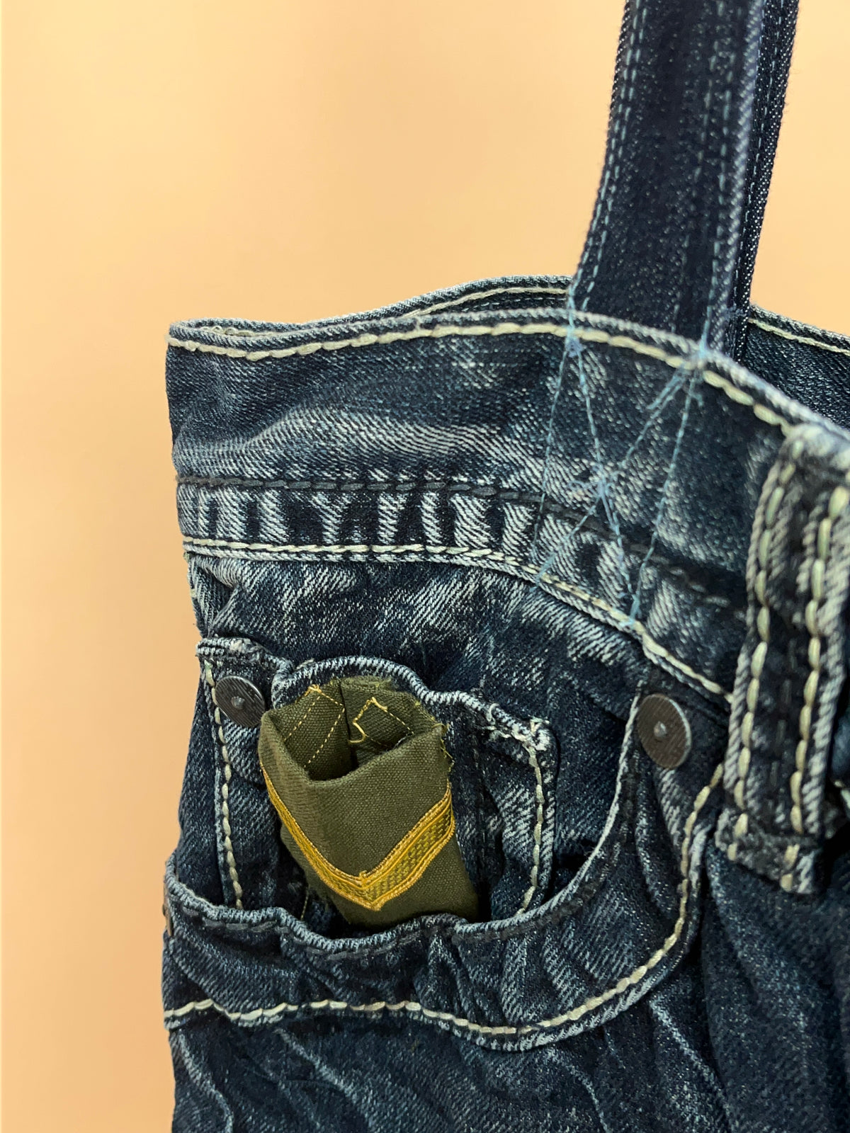 A/New Upcycled Denim Handbag Navy/Red/Blue