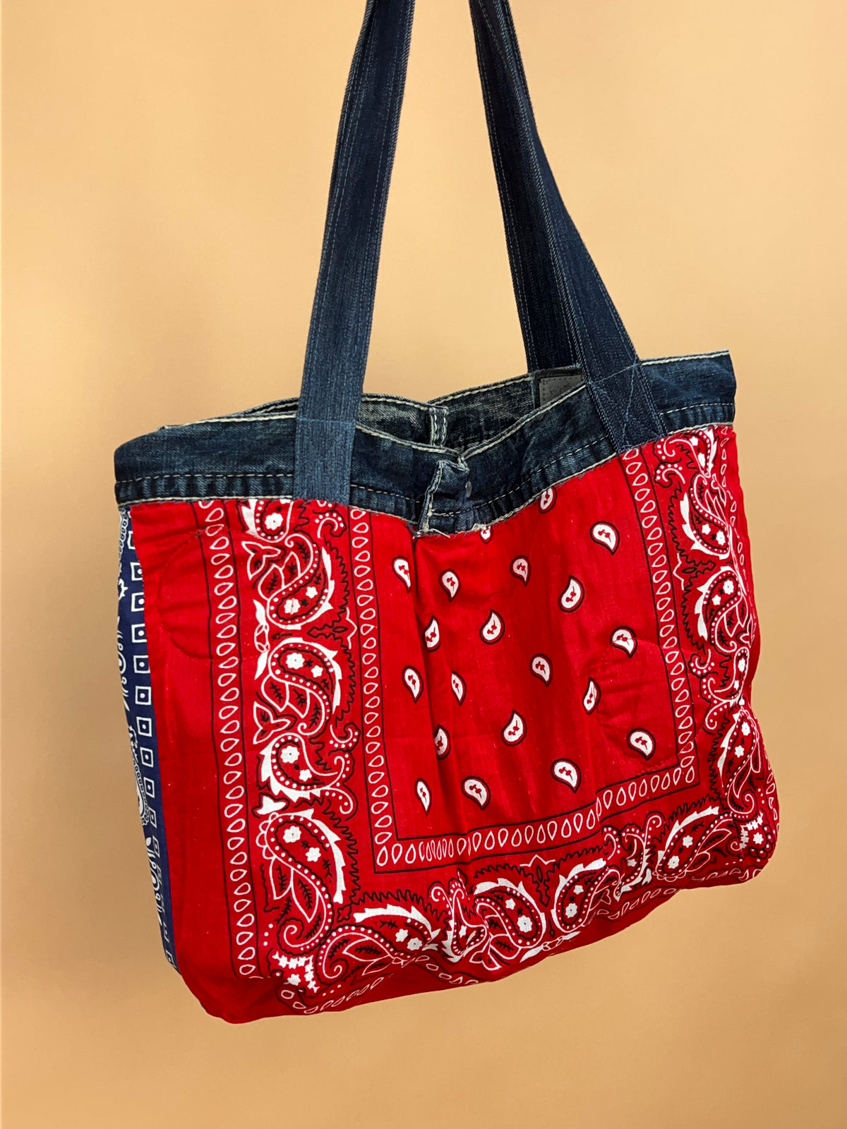 A/New Upcycled Denim Handbag Navy/Red/Blue