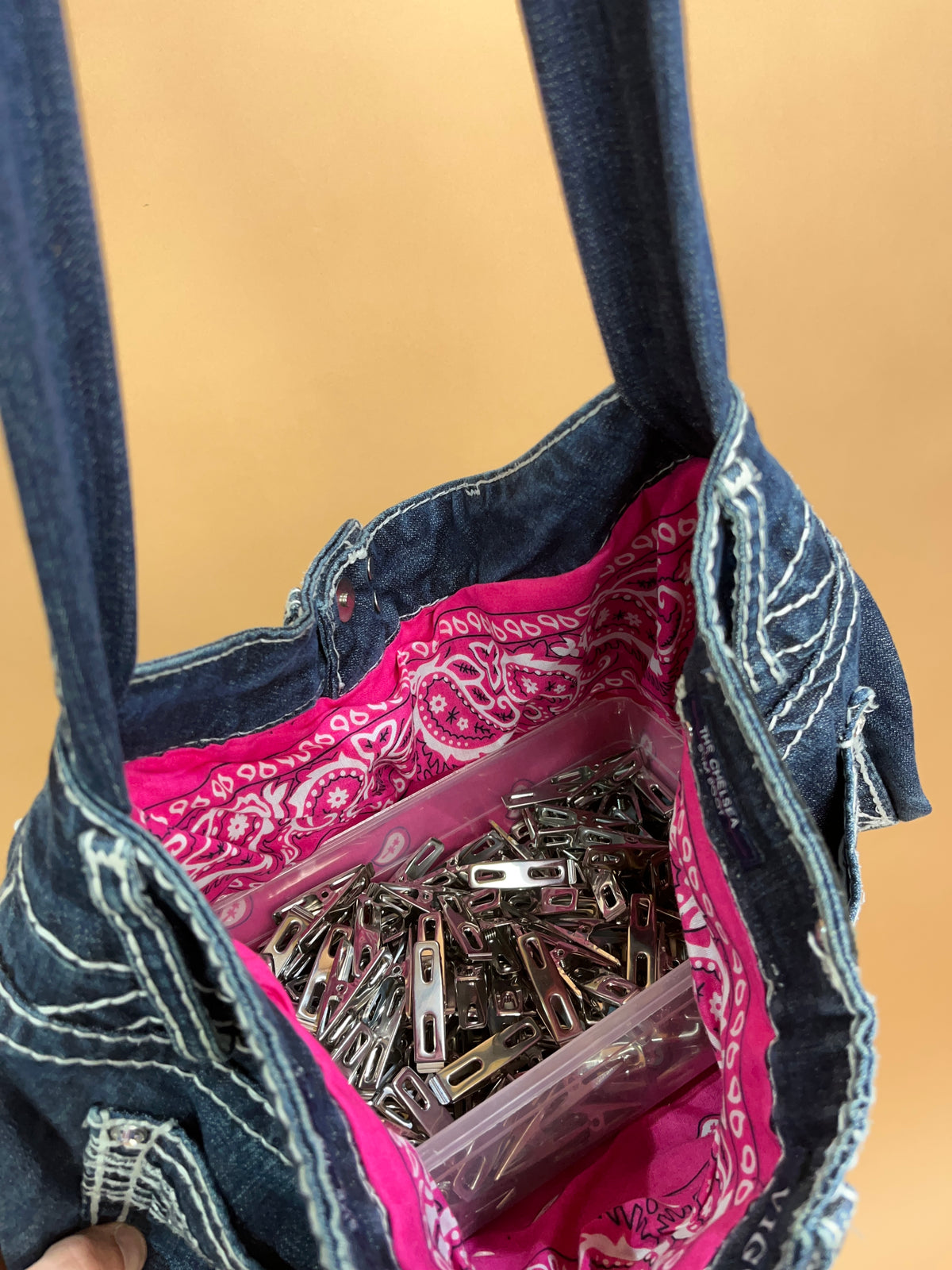 A/New Upcycled Denim Handbag Navy/Pink