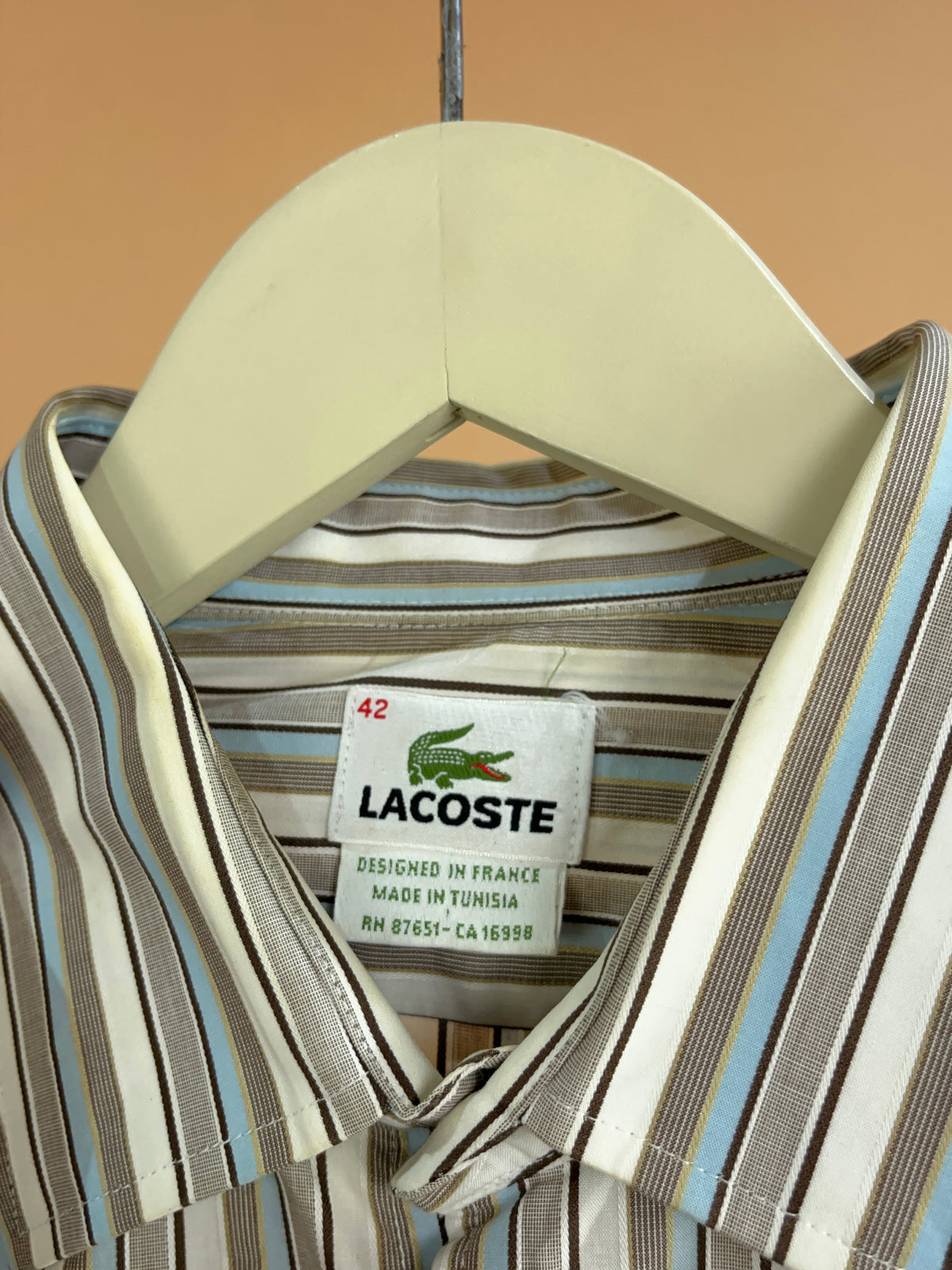 1990s Lacoste Pale Blue, White & Brown Stripe Shirt - M