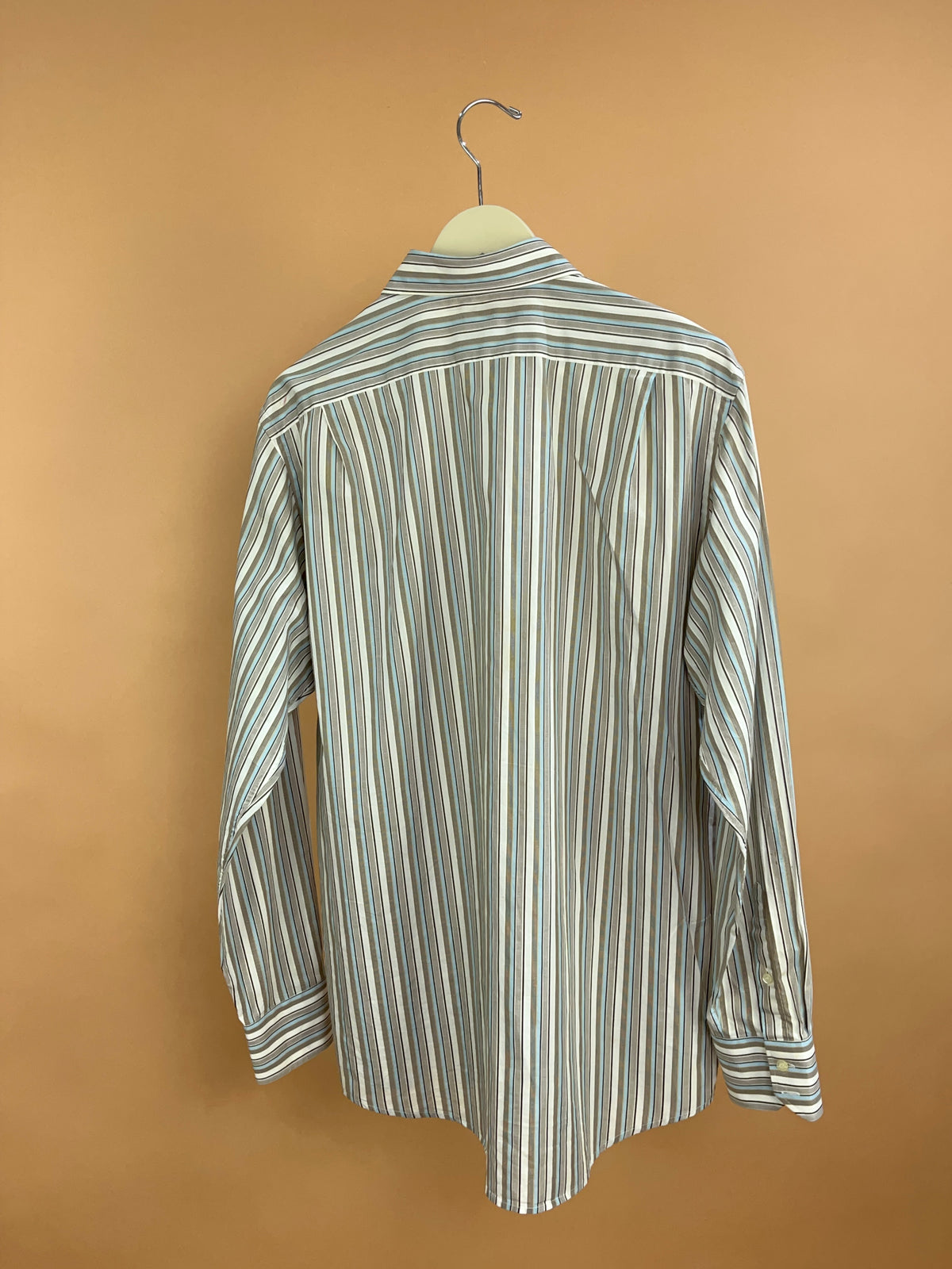 1990s Lacoste Pale Blue, White & Brown Stripe Shirt - M