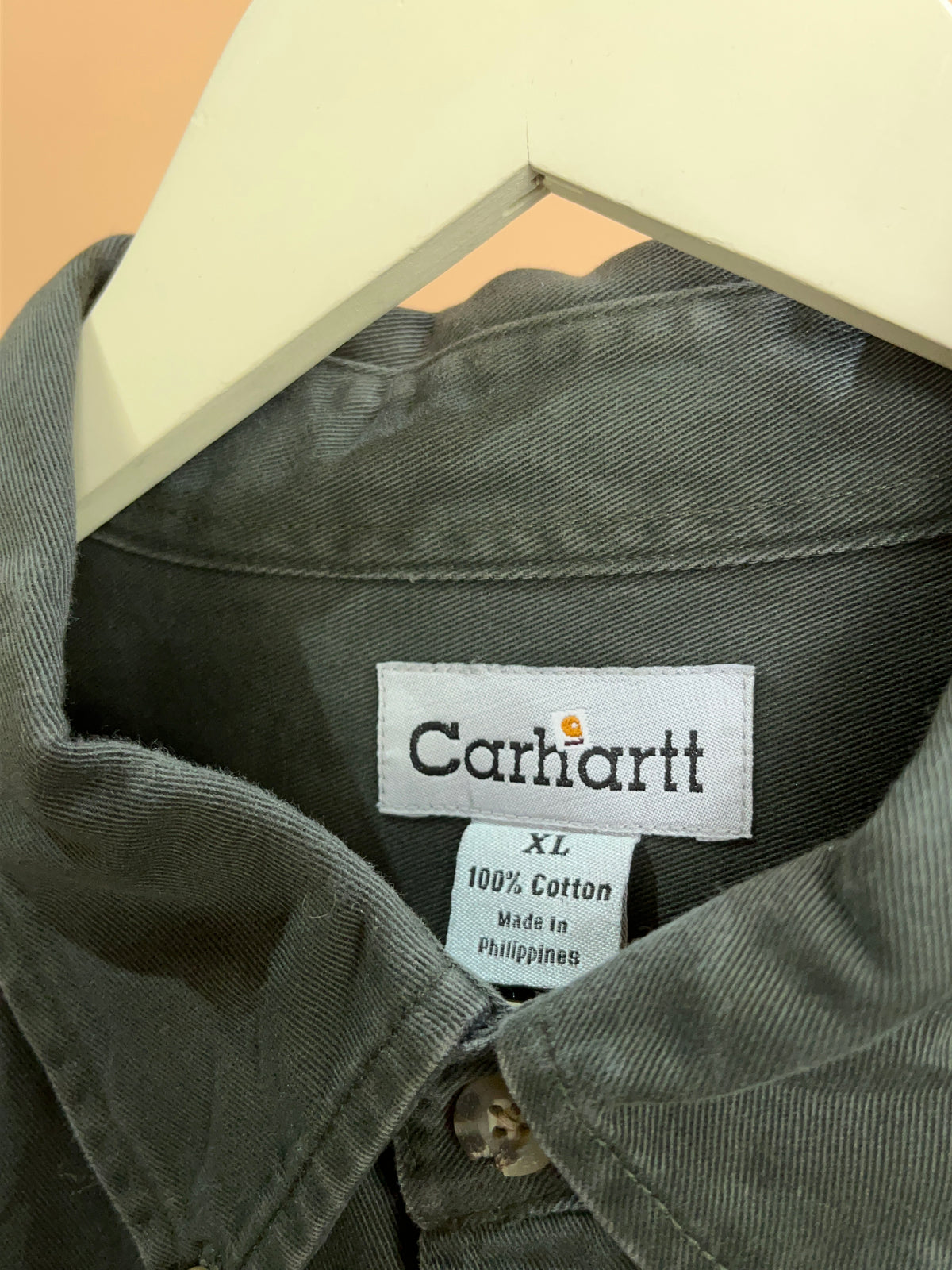 Y2K Carhartt deep olive green cotton work shirt with leather patch — Arkive Vintage