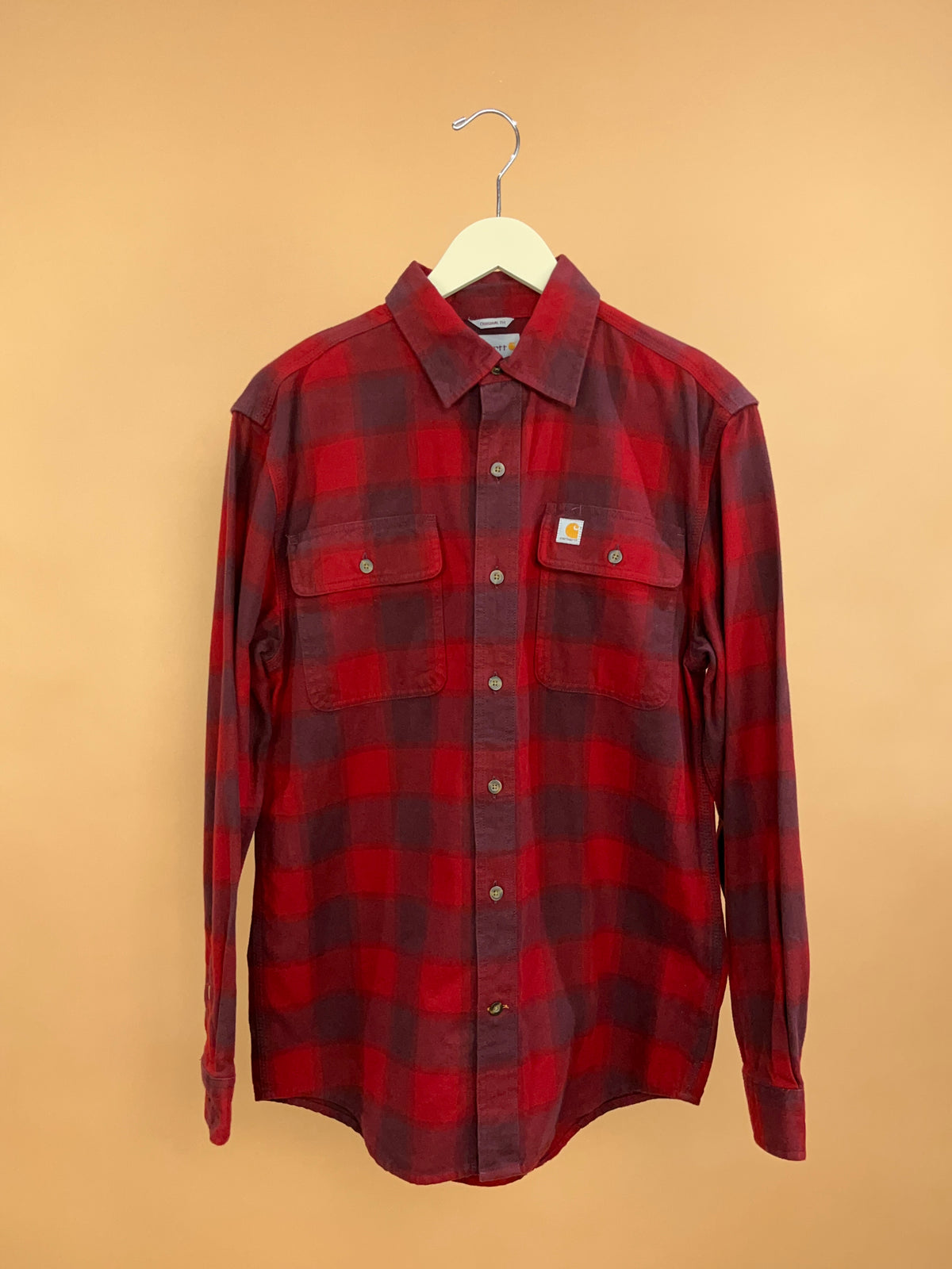1990s Carhartt Red & Burgundy Plaid Heavy Cotton Shirt - S