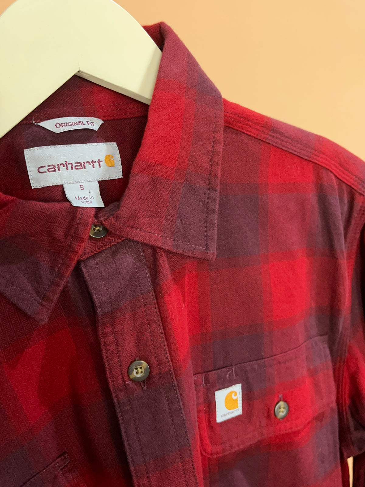 1990's Carhartt red and burgundy plaid heavy cotton shirt — Arkive Vintage