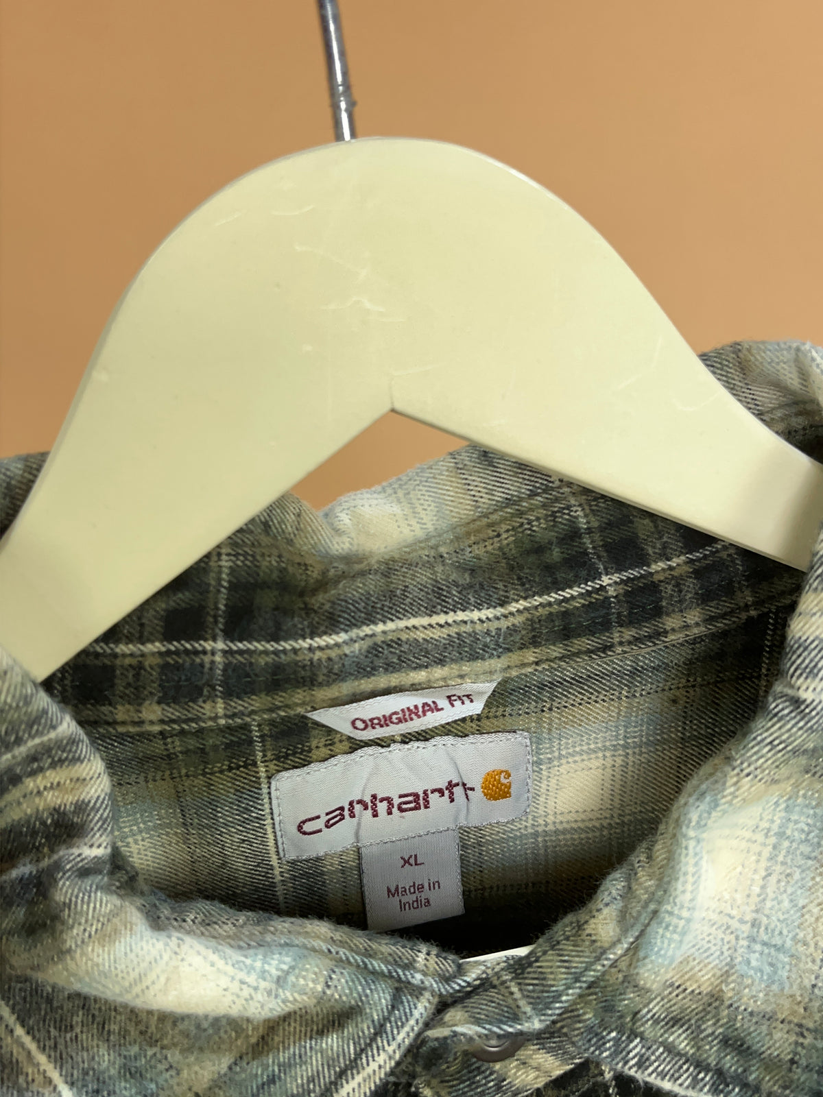 Y2K Carhartt taupe brown and beige plaid heavy cotton shirt — Arkive Vintage