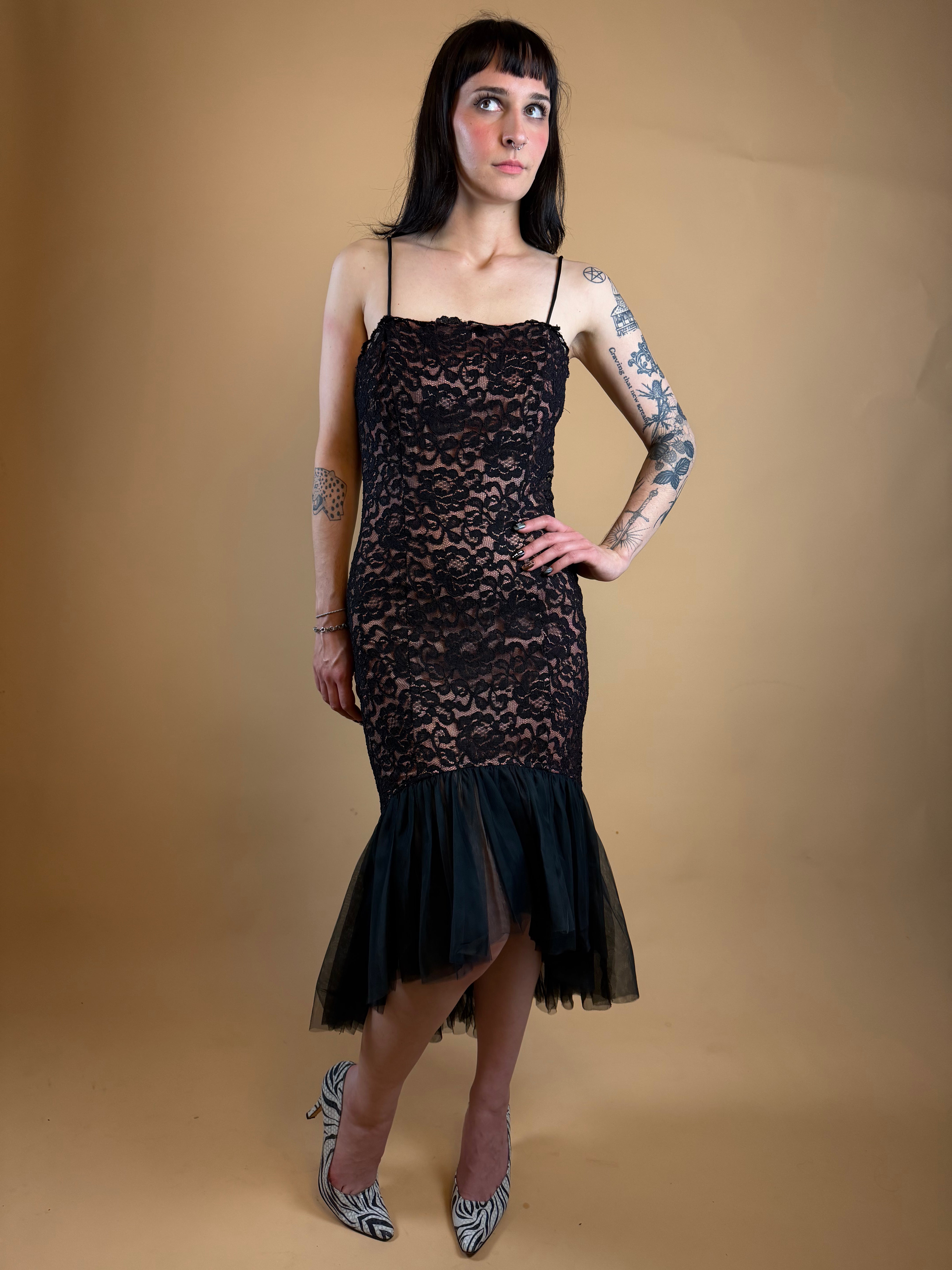 1980s Black Lace Fishtail Dress - Made in USA - 8