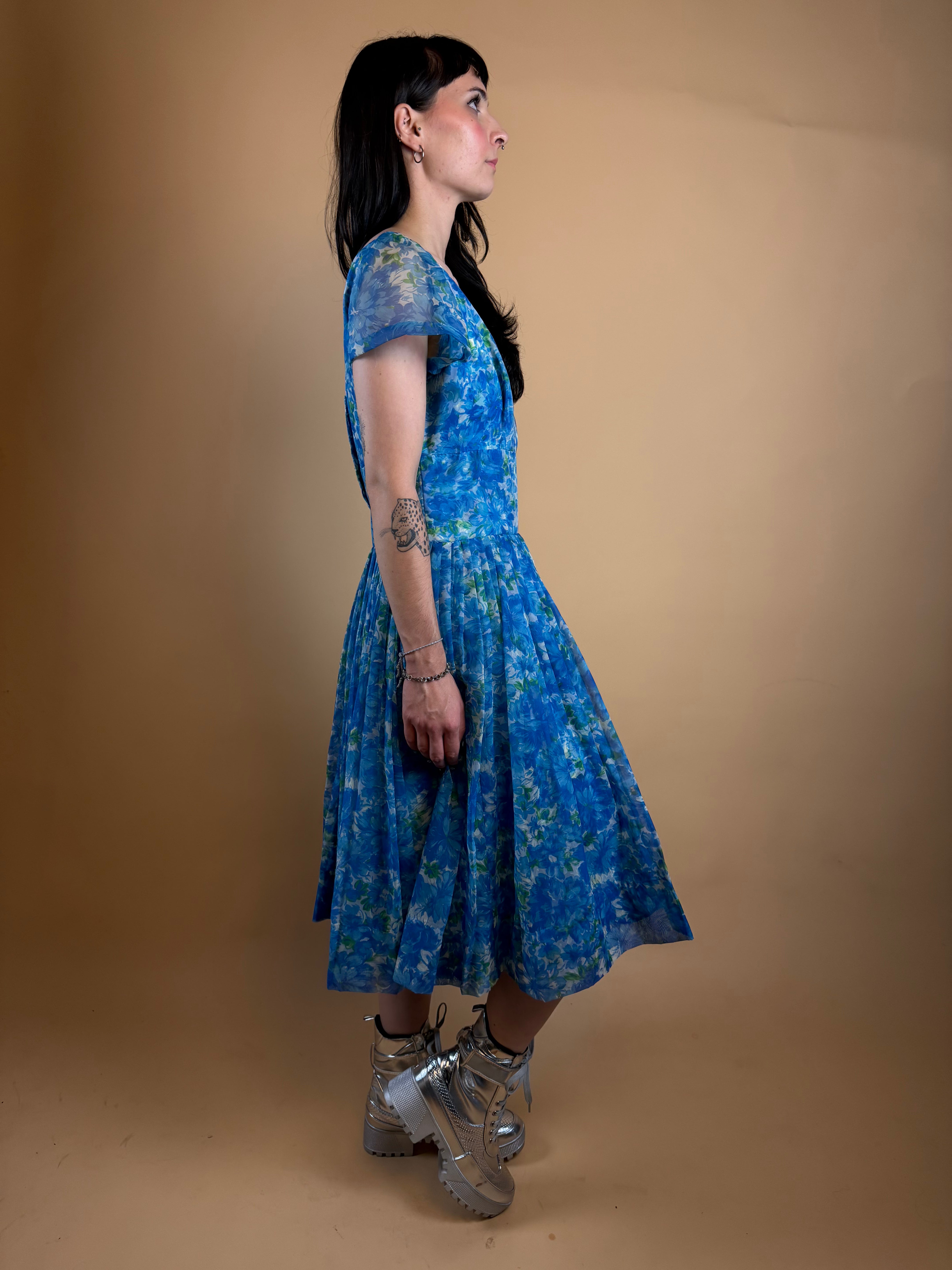1950's hand painted floral blue dress with knife pleated skirt — Arkive Vintage