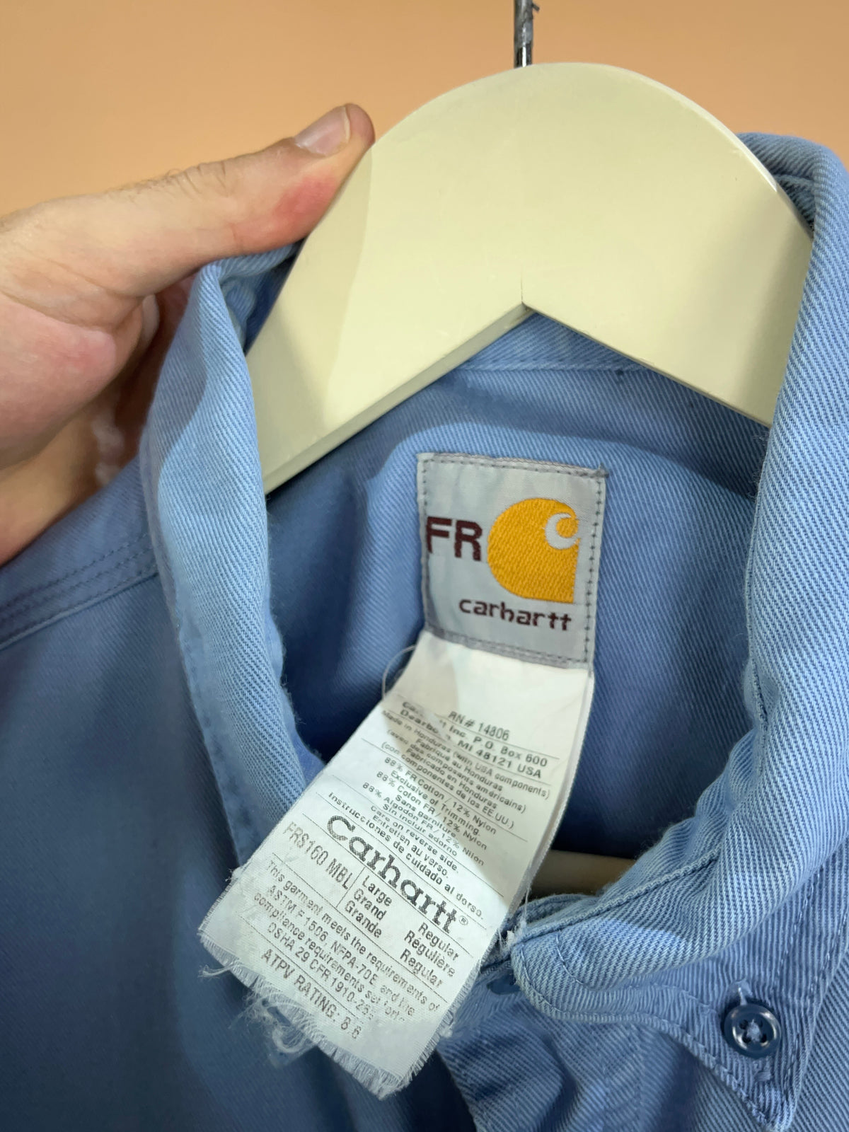 1990's Carhartt cornflower blue flame retardant work shirt — Arkive Vintage