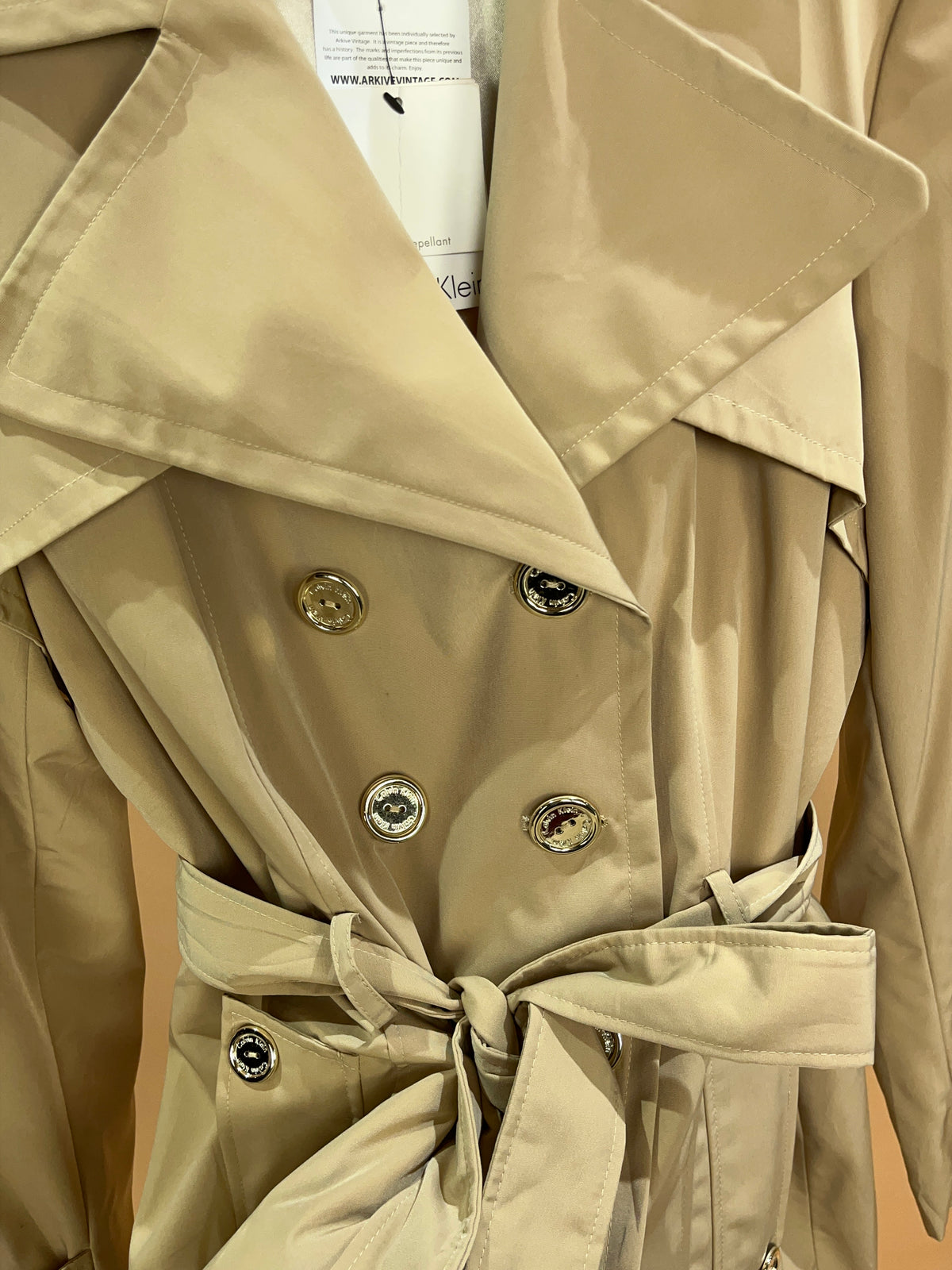 Calvin Klein Beige Double-Breasted Belted Trench Coat - M