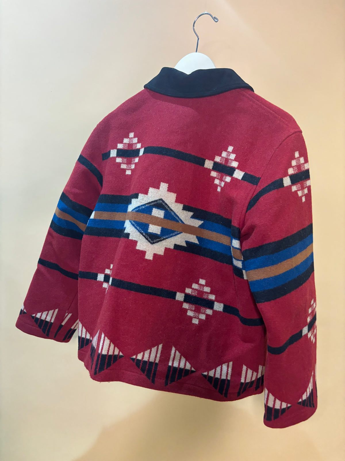 Pendleton virgin wool blanket coat with signature pattern and leather collar — Arkive Vintage