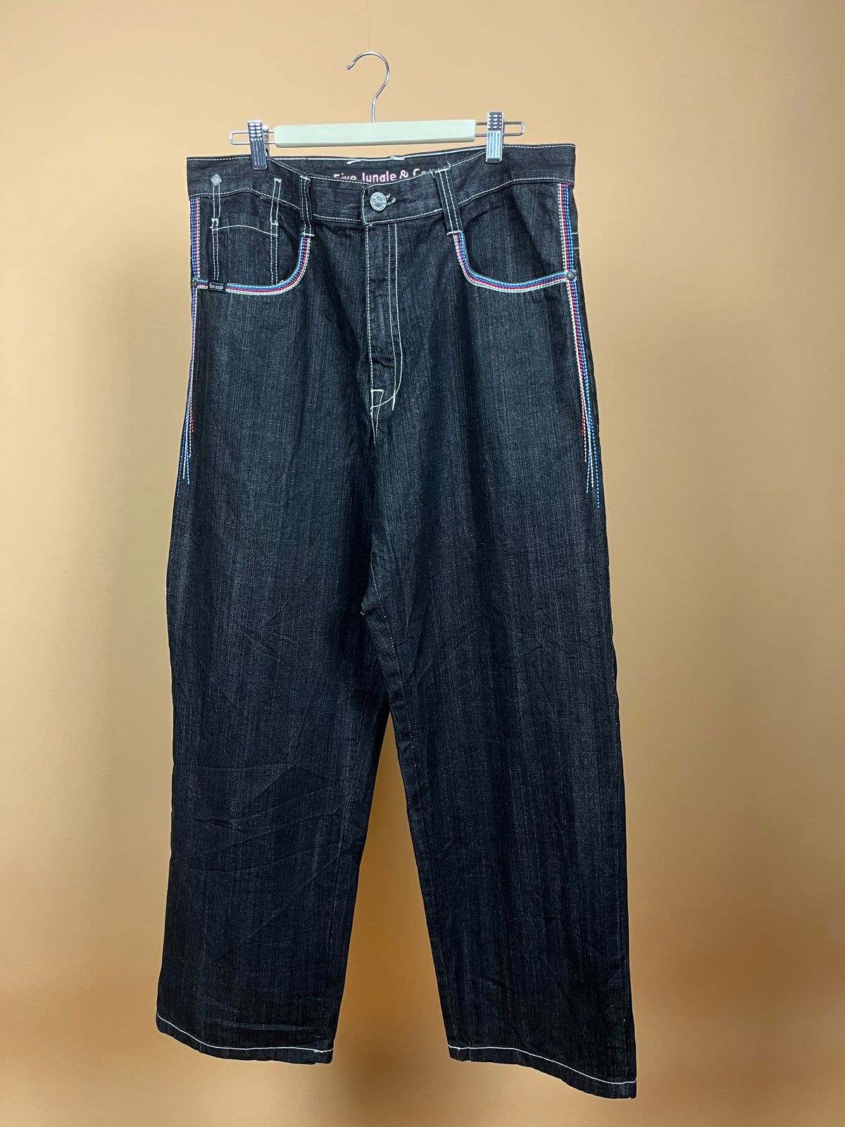 Y2K 5ive Jungle & Co black jeans with multicolour contrast stitch pockets — Arkive Vintage