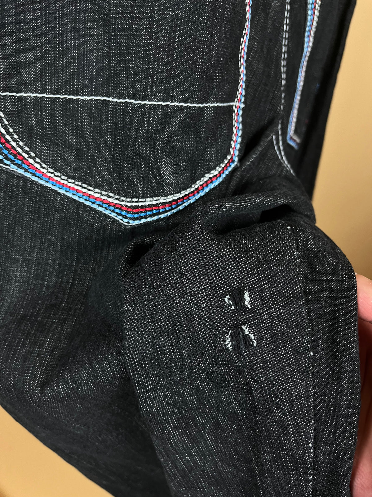 Y2K 5ive Jungle & Co black jeans with multicolour contrast stitch pockets — Arkive Vintage