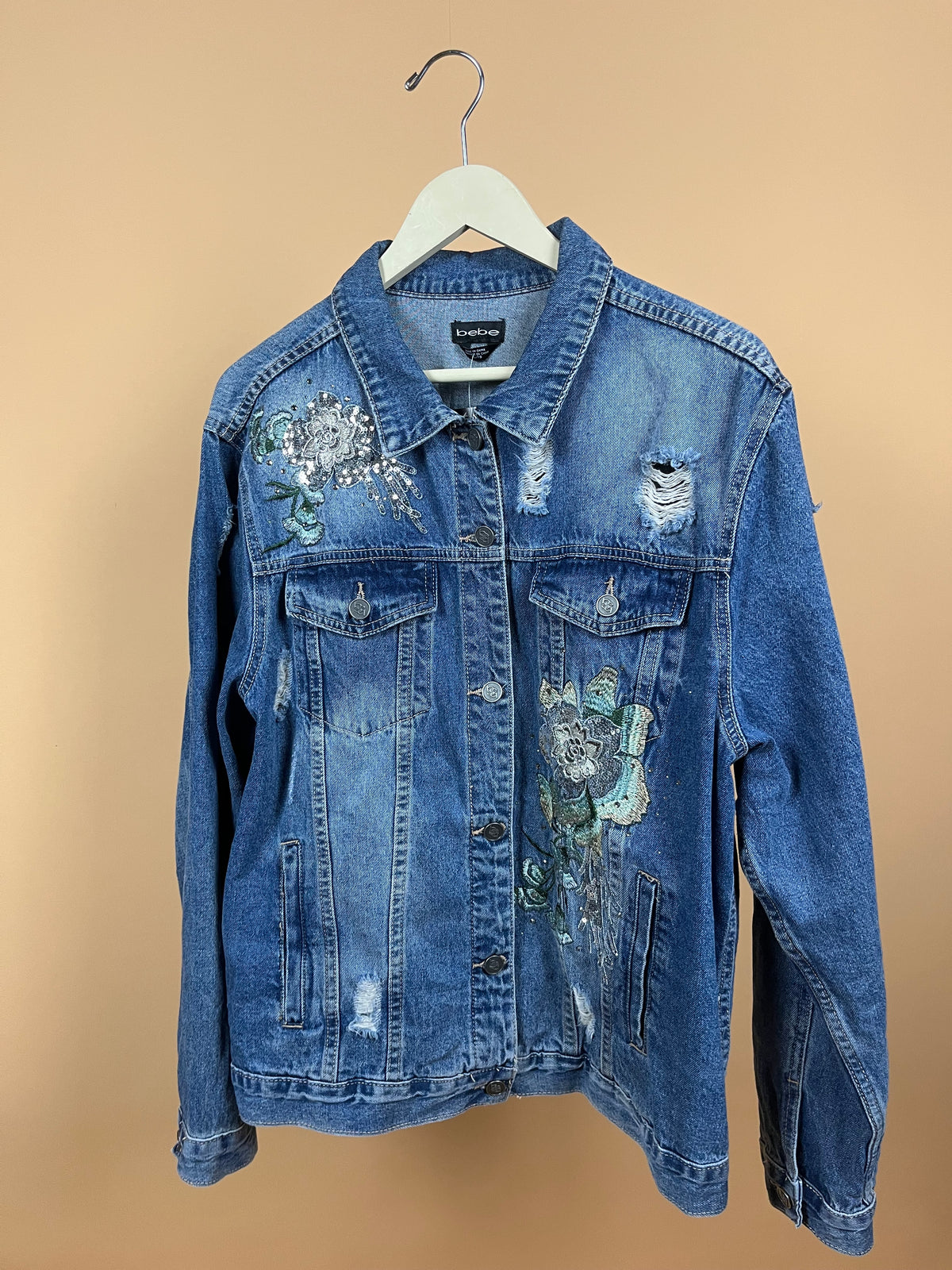 Y2K Bebe Floral Embellished Denim Jacket - XL