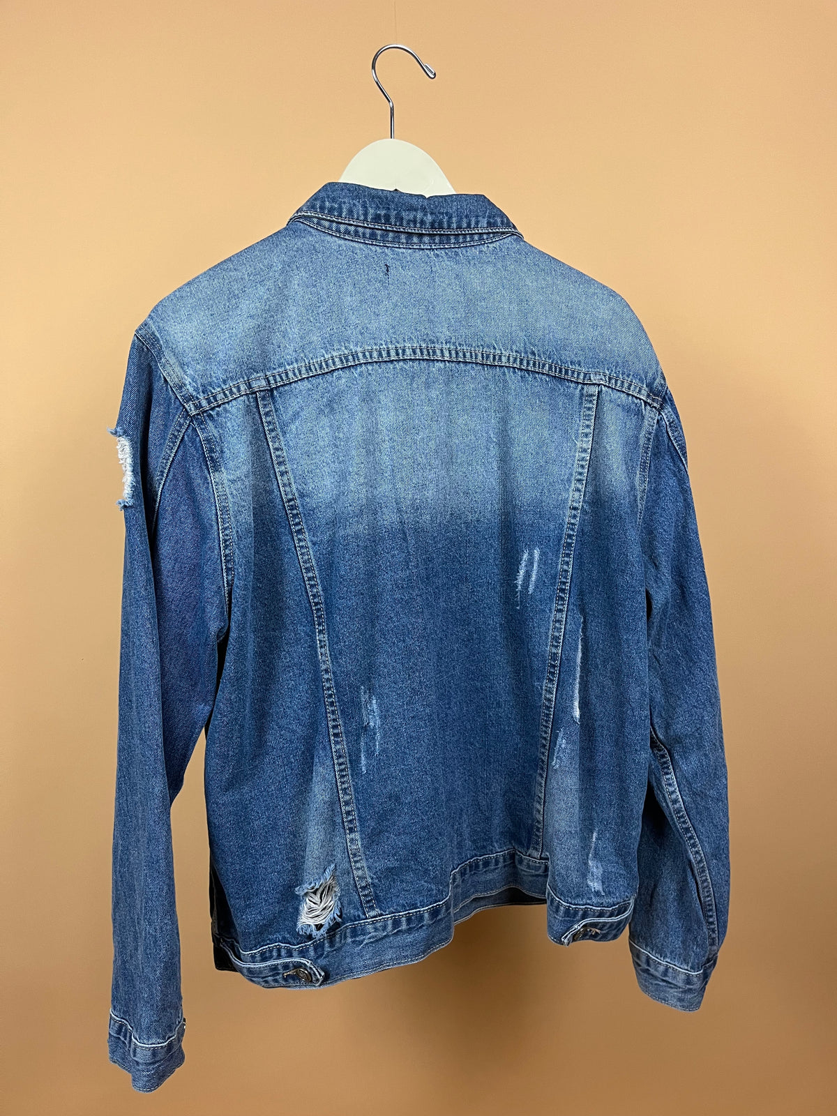 Y2K Bebe denim jacket with sequin floral appliqués on shoulder and side, size XL — Arkive Vintage