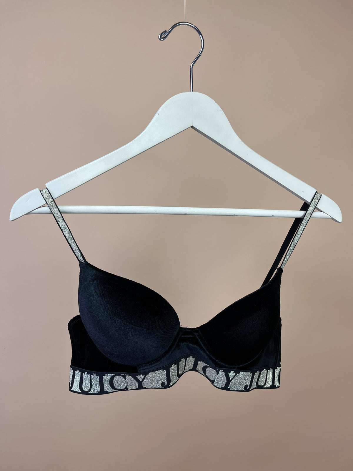 Y2K Juicy Couture black velvet bra with gold detailing, size 36B — Arkive Vintage
