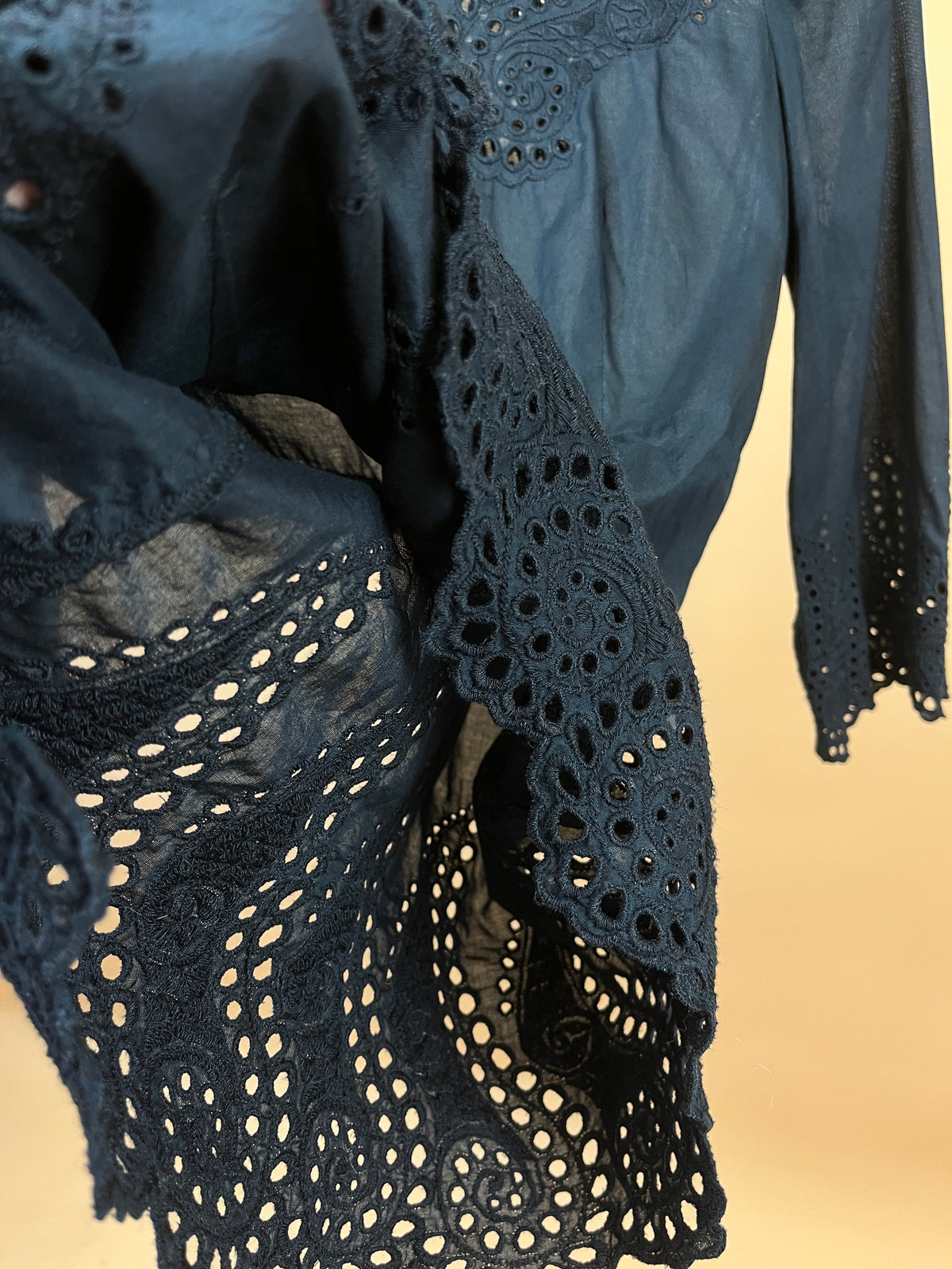 Y2K Juicy Couture black cutaway blouse with crochet scalloped sleeve detail — Arkive Vintage