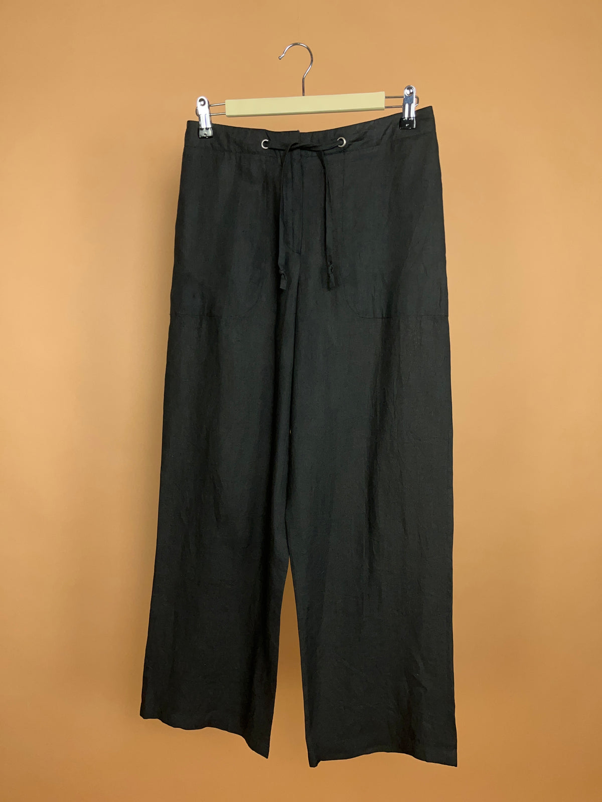 Y2K Hermès Paris Black Linen Drawstring Relaxed Trousers - 8