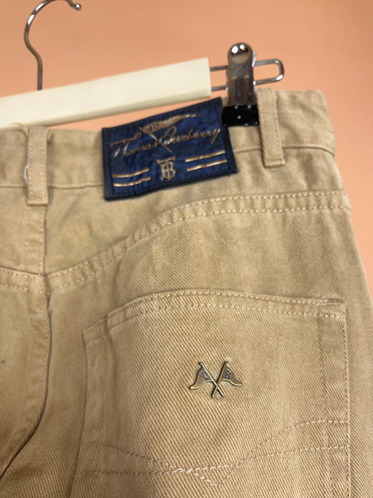 1990's Thomas Burberry tan cotton twill trousers with flag pin detail — Arkive Vintage