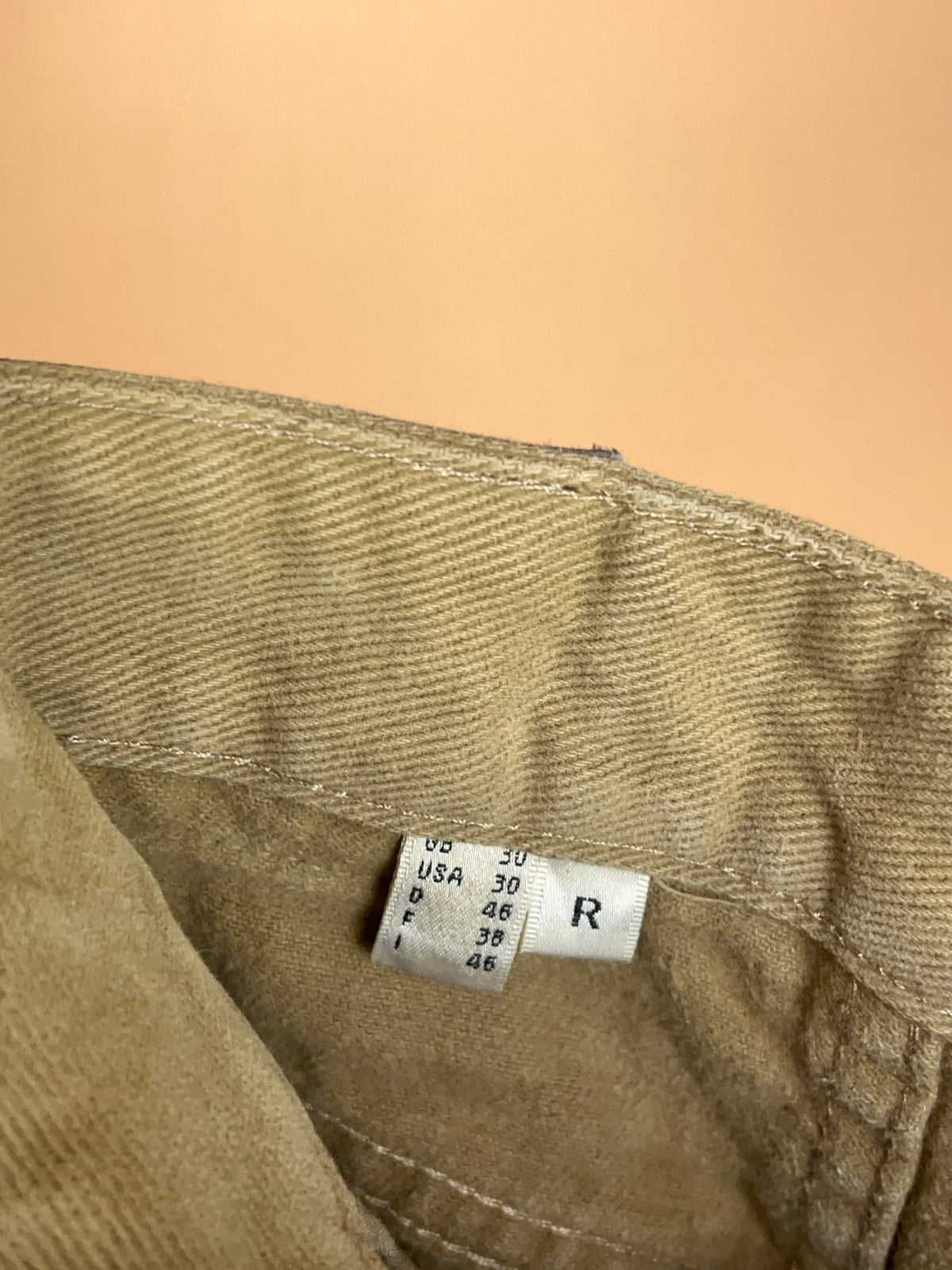 1990's Thomas Burberry tan cotton twill trousers with flag pin detail — Arkive Vintage