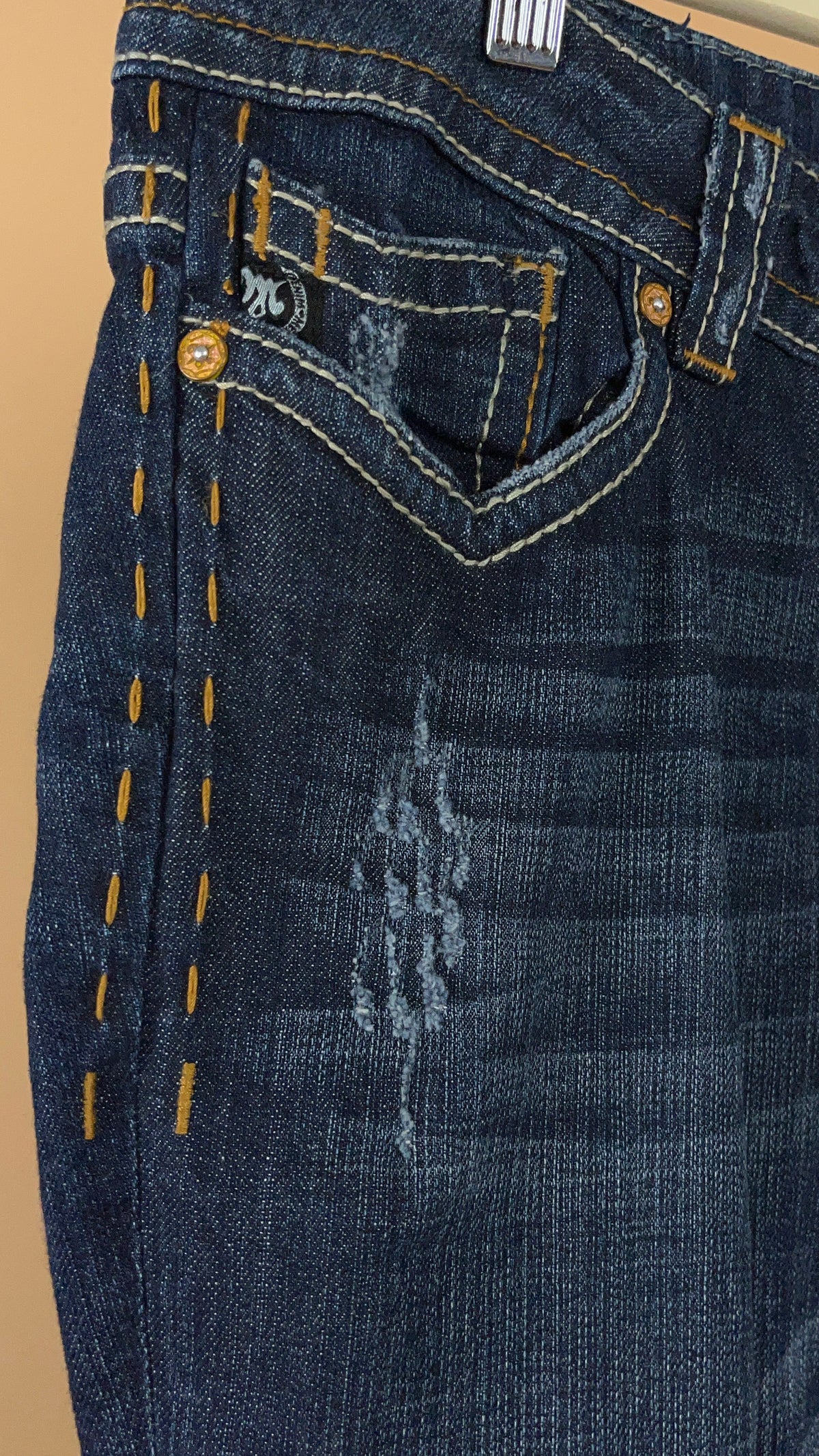 Y2K dark wash bootcut jeans with whiskered fading and contrast stitching — Arkive Vintage