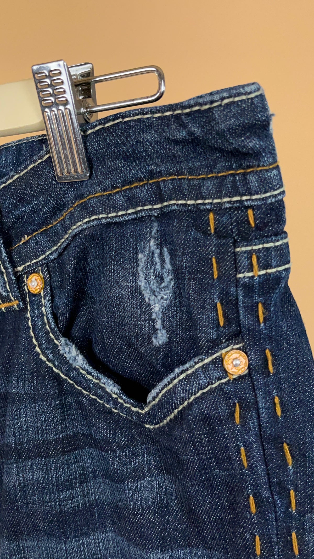 Y2K dark wash bootcut jeans with whiskered fading and contrast stitching — Arkive Vintage