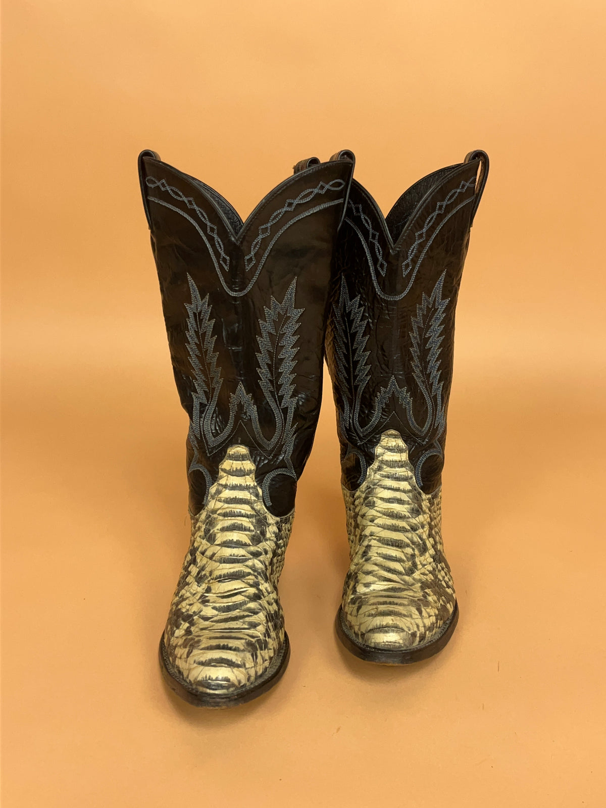 Vintage Two-Tone Snakeskin & Black Leather Western Boots - AU 7 Womens