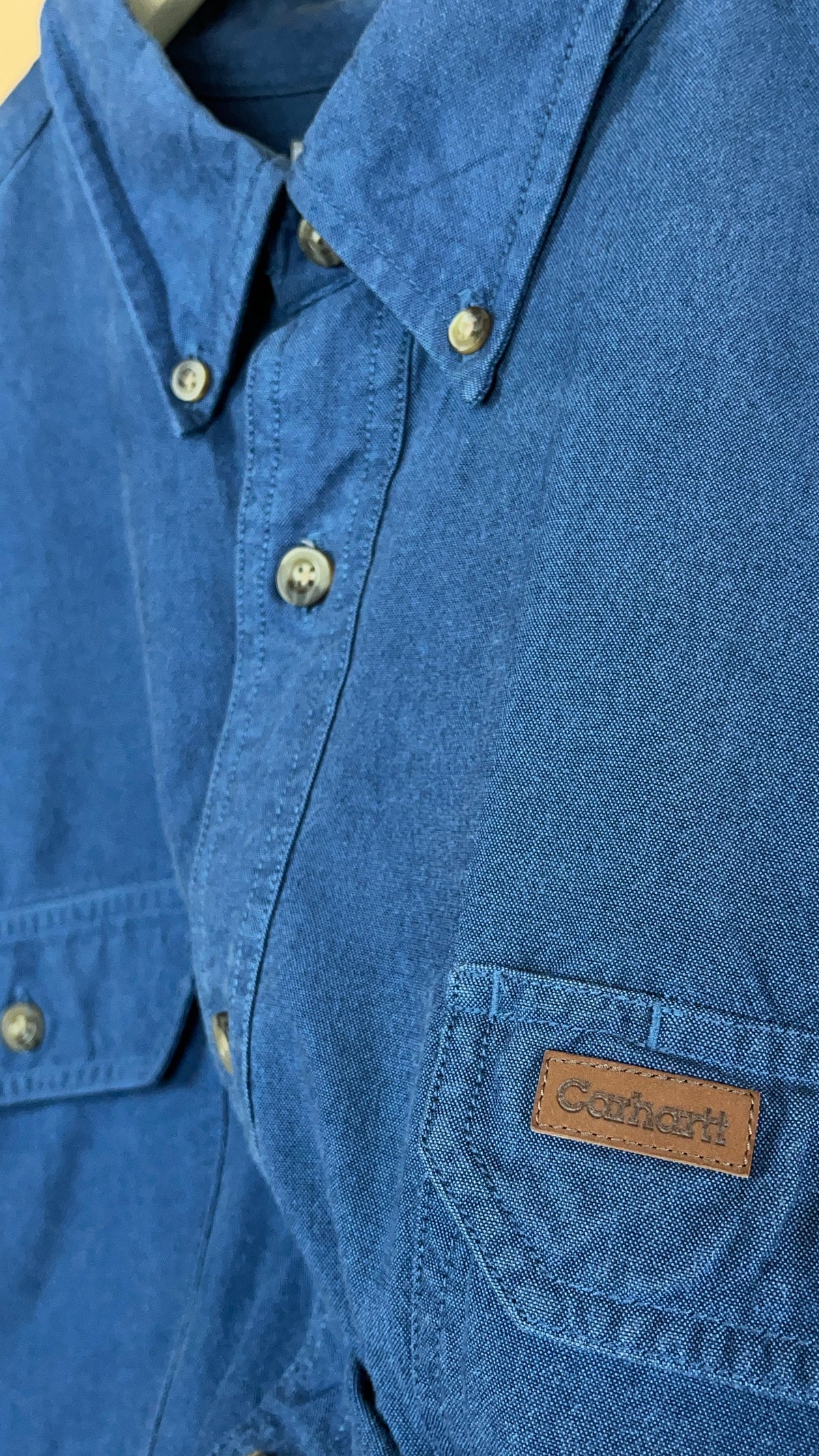 Vintage Carhartt denim-look long sleeve button-up shirt with leather patch — Arkive Vintage