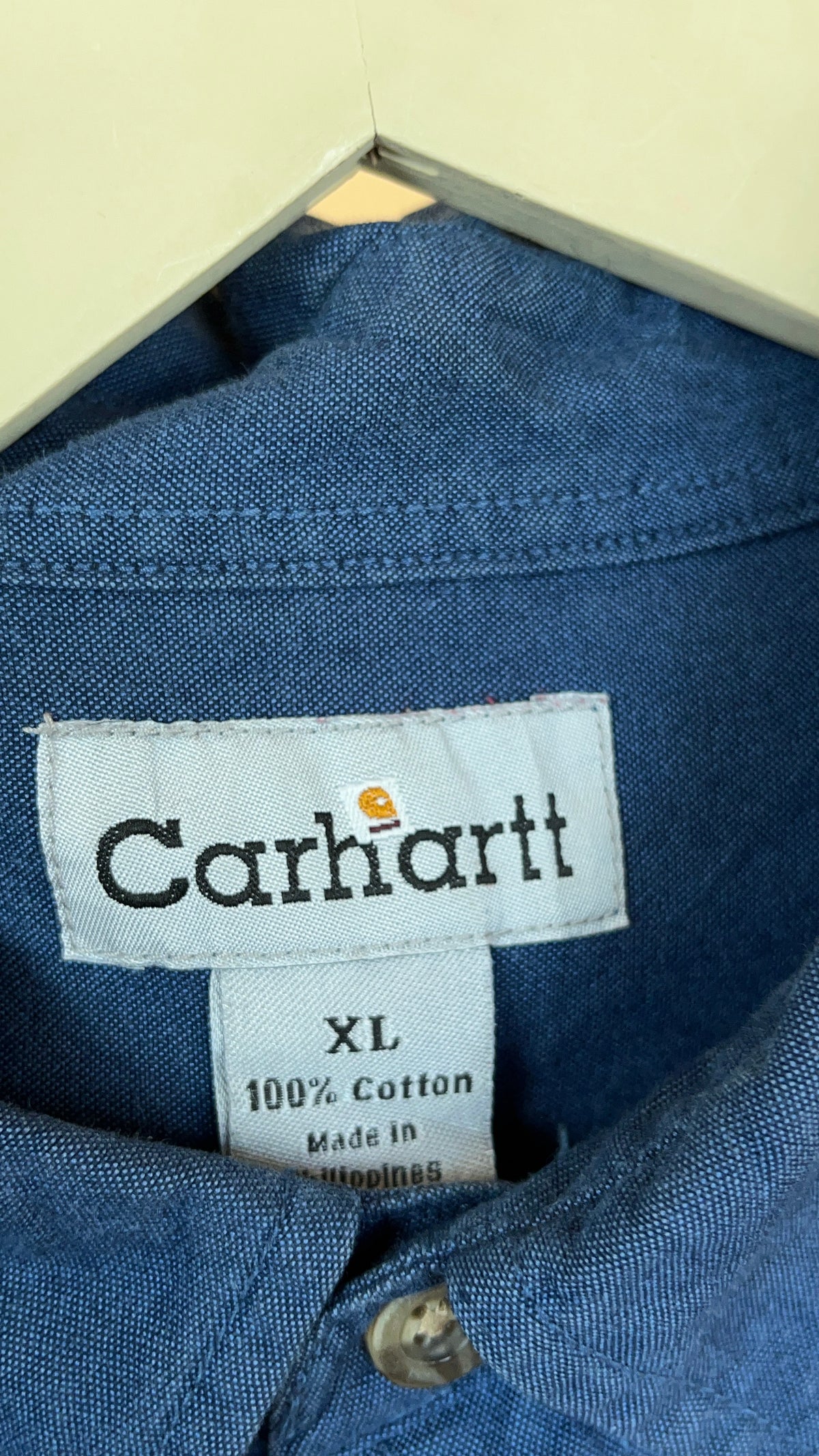 Vintage Carhartt denim-look long sleeve button-up shirt with leather patch — Arkive Vintage