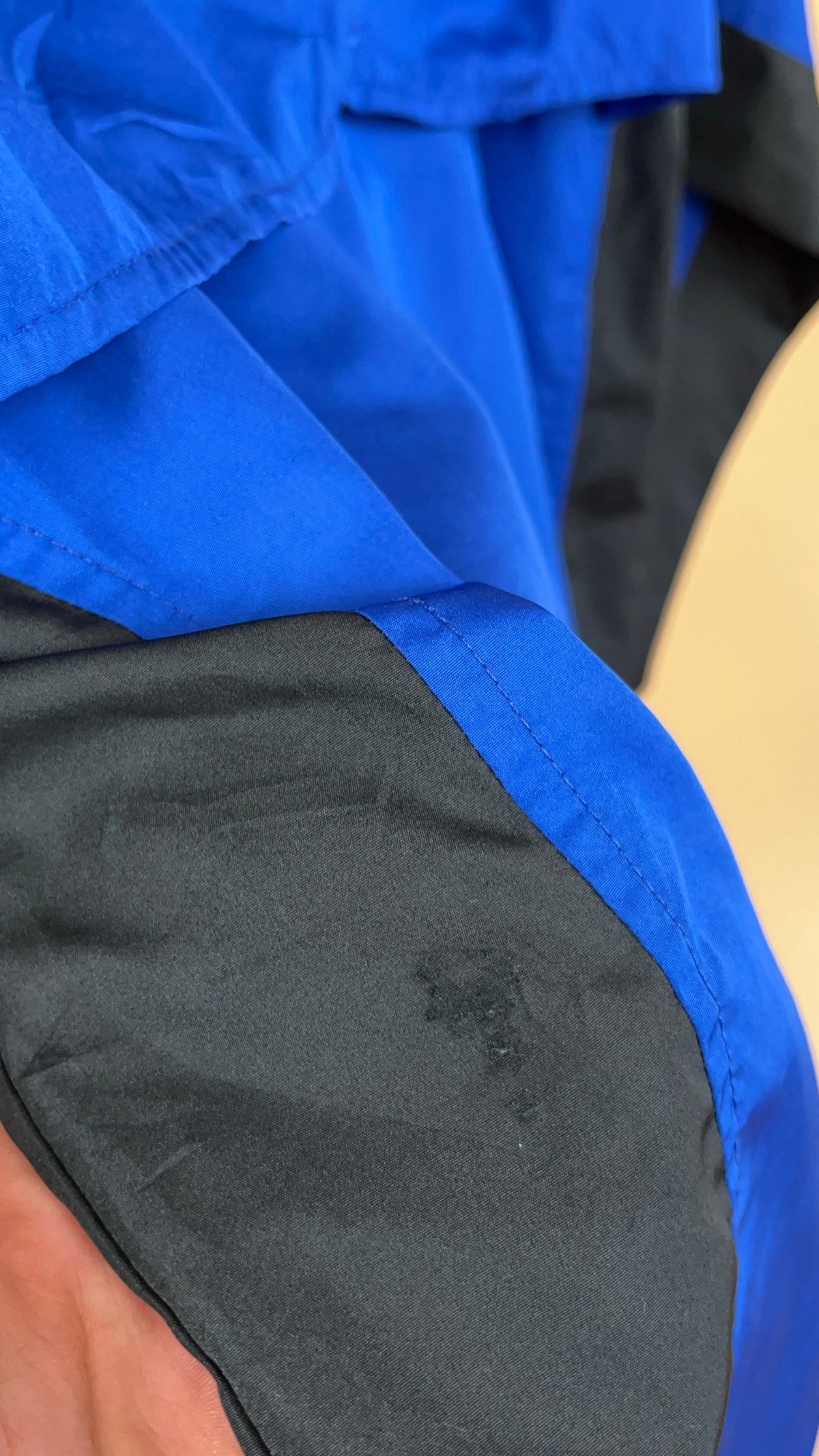 Vintage Adidas electric blue and black hooded windbreaker with welt pockets — Arkive Vintage