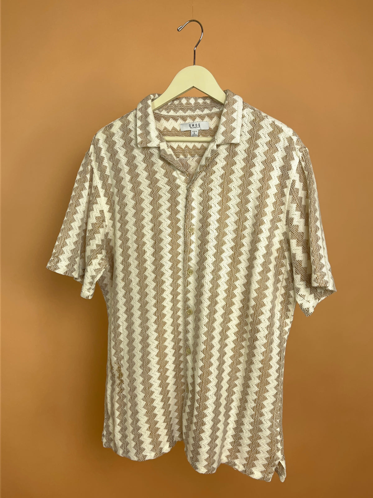 Y2K Smog Cream Tan Crochet Camp Collar Shirt - L