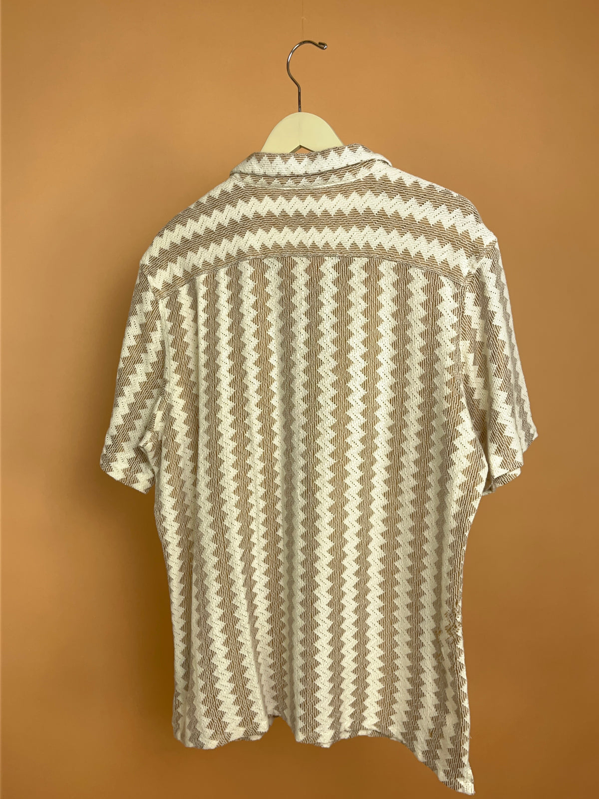 Y2K Smog Cream Tan Crochet Camp Collar Shirt - L