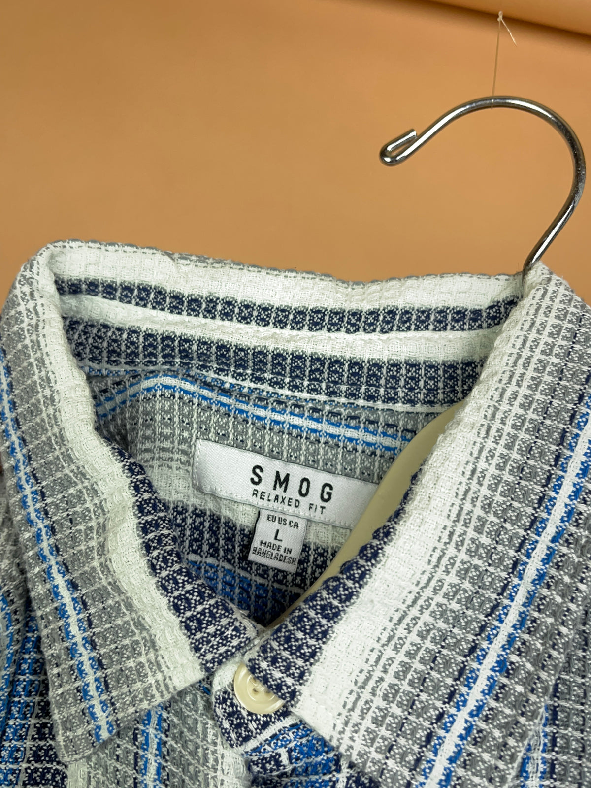 Y2K Smog Blue Grey White Striped Waffle-Weave Camp Shirt - L