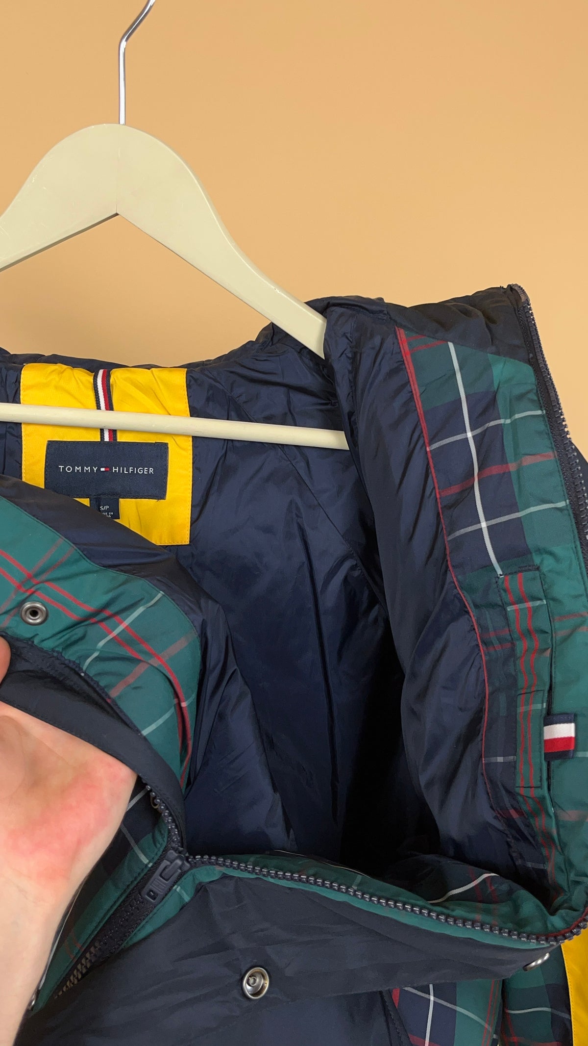 1990s Tommy Hilfiger green and yellow plaid ski jacket with hood — Arkive Vintage