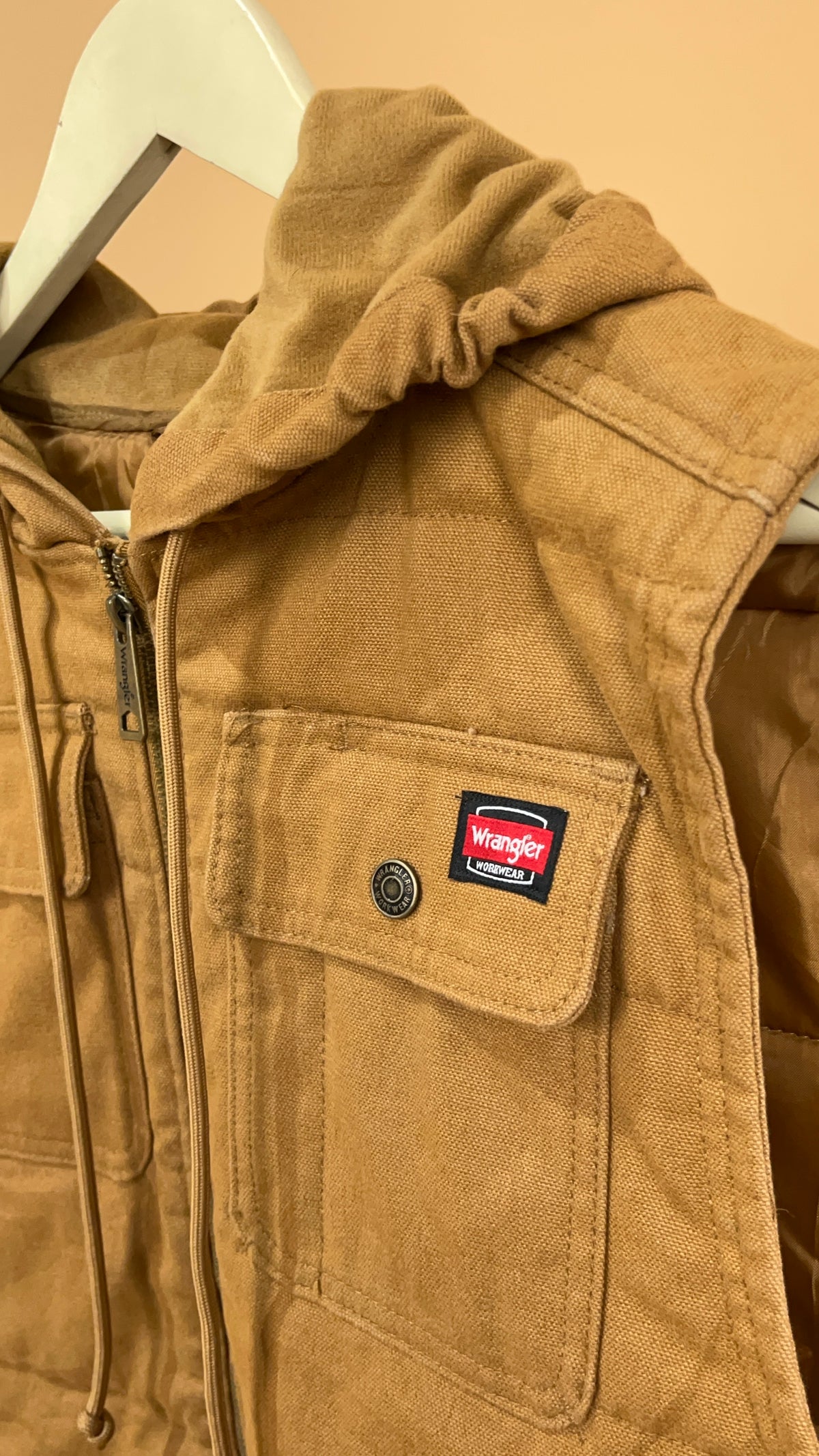 Vintage Wrangler caramel canvas hooded workwear gilet with drawstring hood — Arkive Vintage