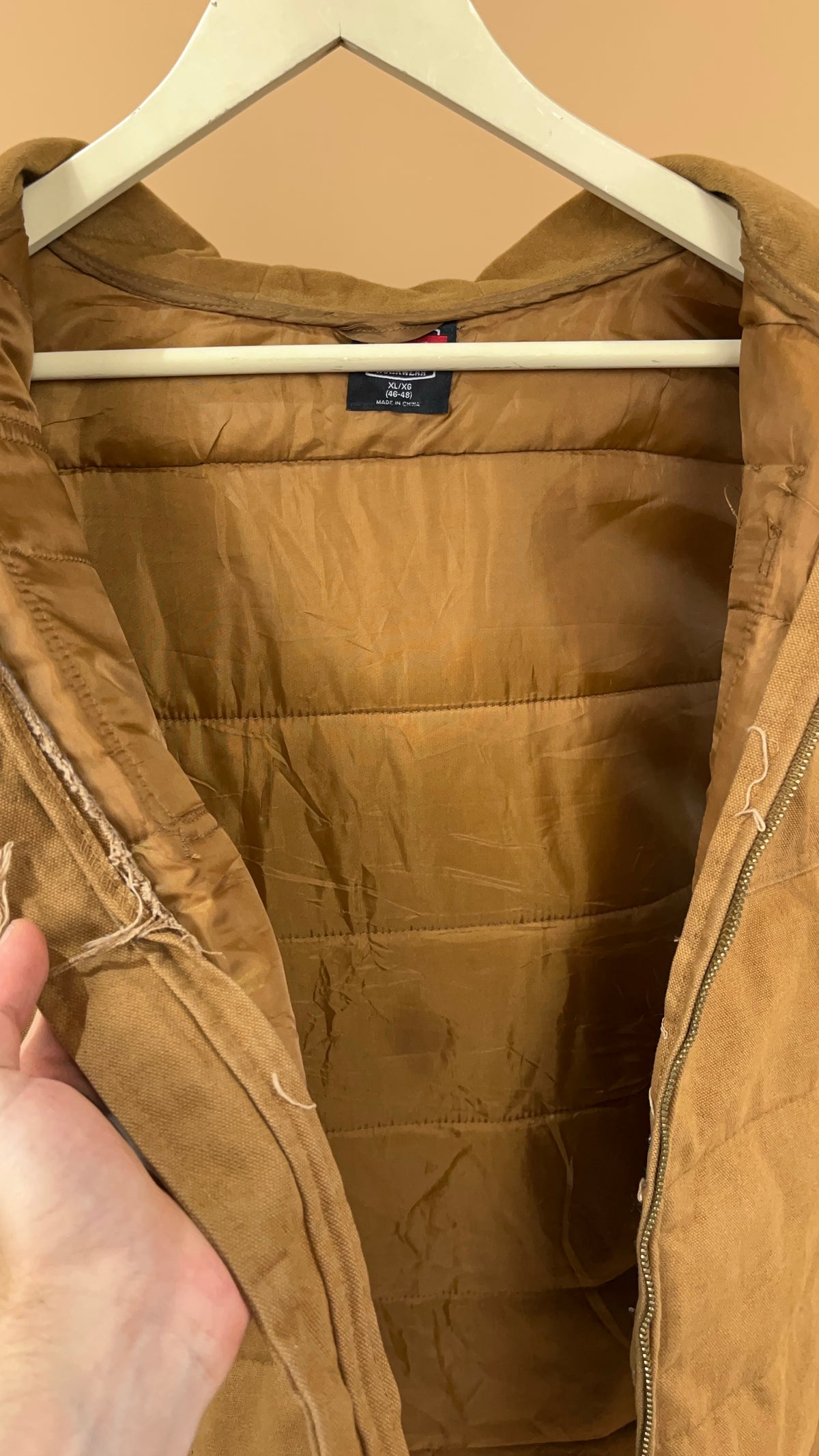 Vintage Wrangler caramel canvas hooded workwear gilet with drawstring hood — Arkive Vintage