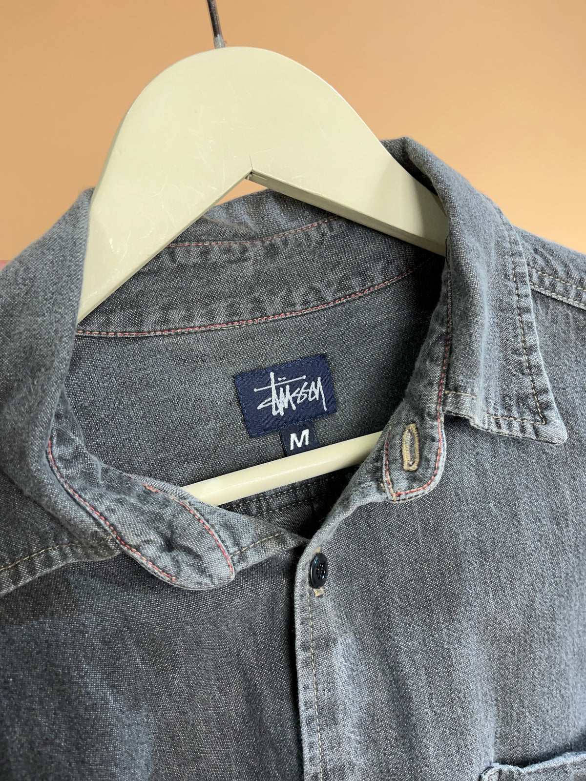 1990's Stussy Grey/Red Contrast Stitch Denim Jacket - M