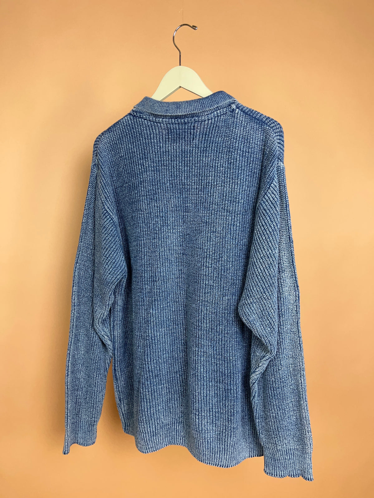 1980s The Territory Ahead Indigo Washed Cotton Knit Polo Sweater Made In USA - L