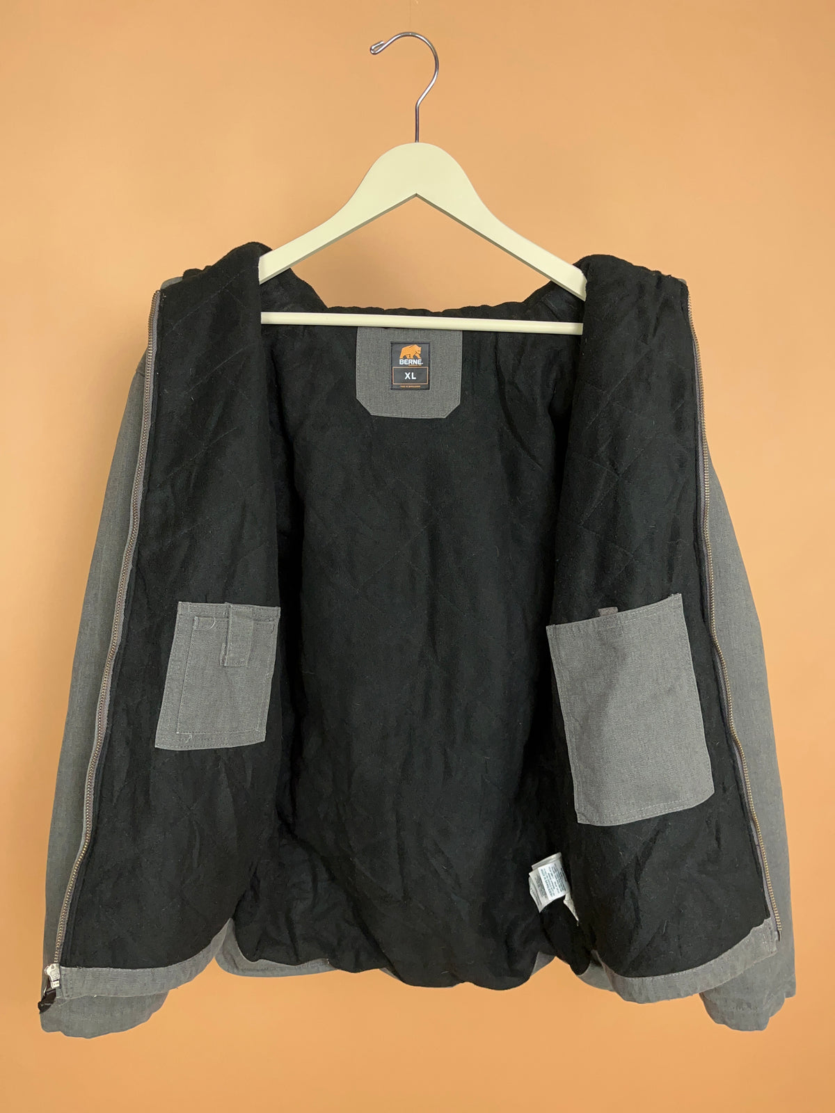 Y2K Berne Grey Duck Canvas Hooded Work Jacket Quilted Lined -S