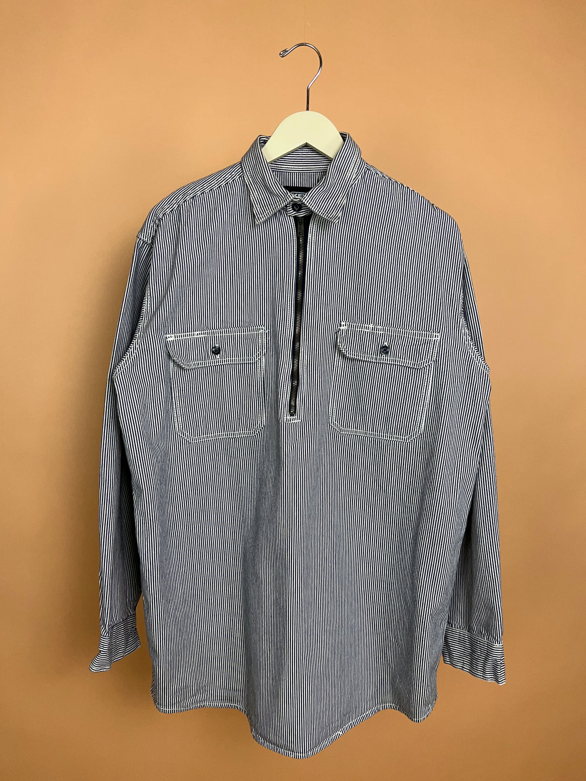 1990s KEY Hickory Stripe Cotton Half-Zip Work Shirt - L