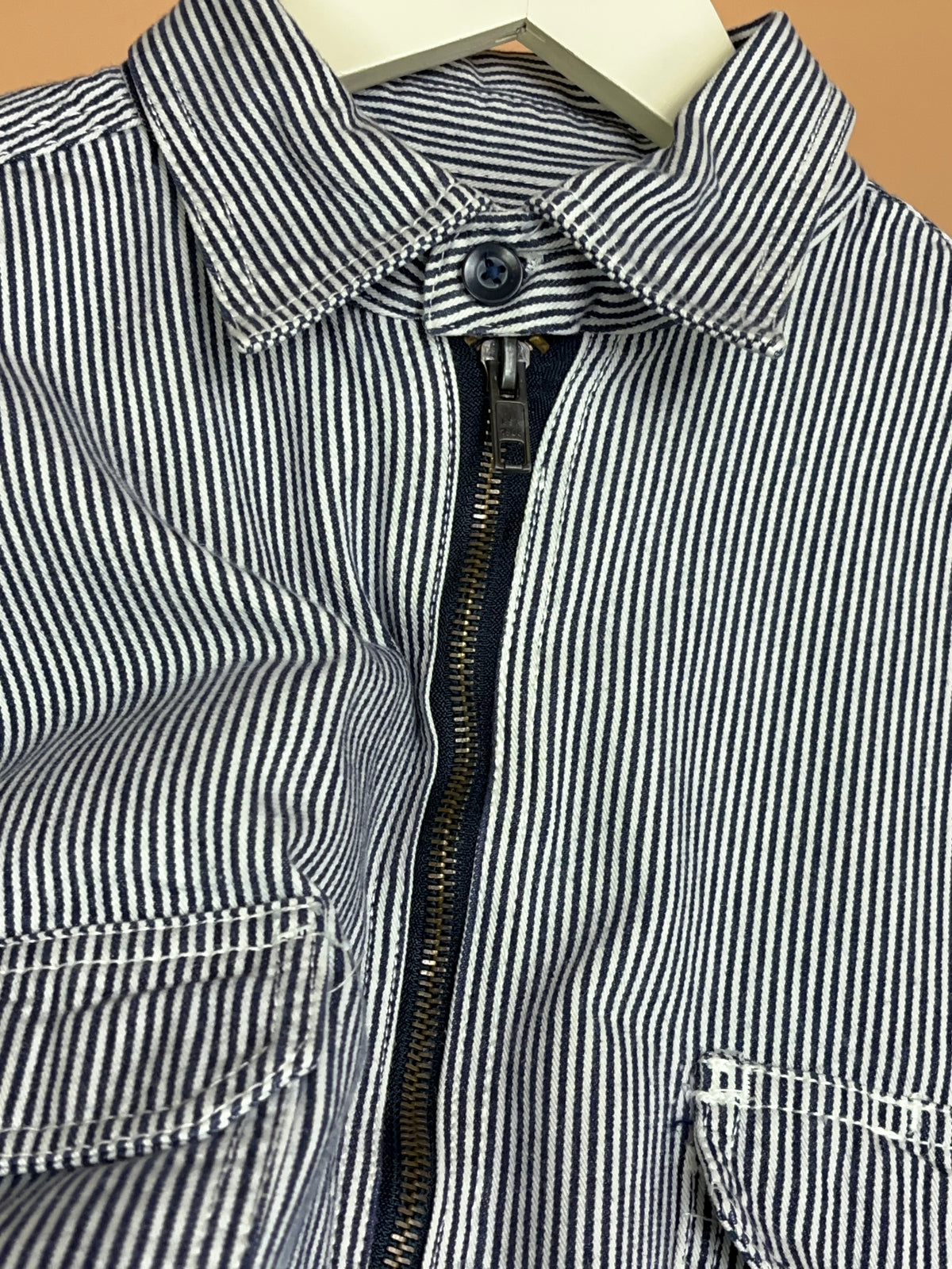 1990s KEY Hickory Stripe Cotton Half-Zip Work Shirt - L