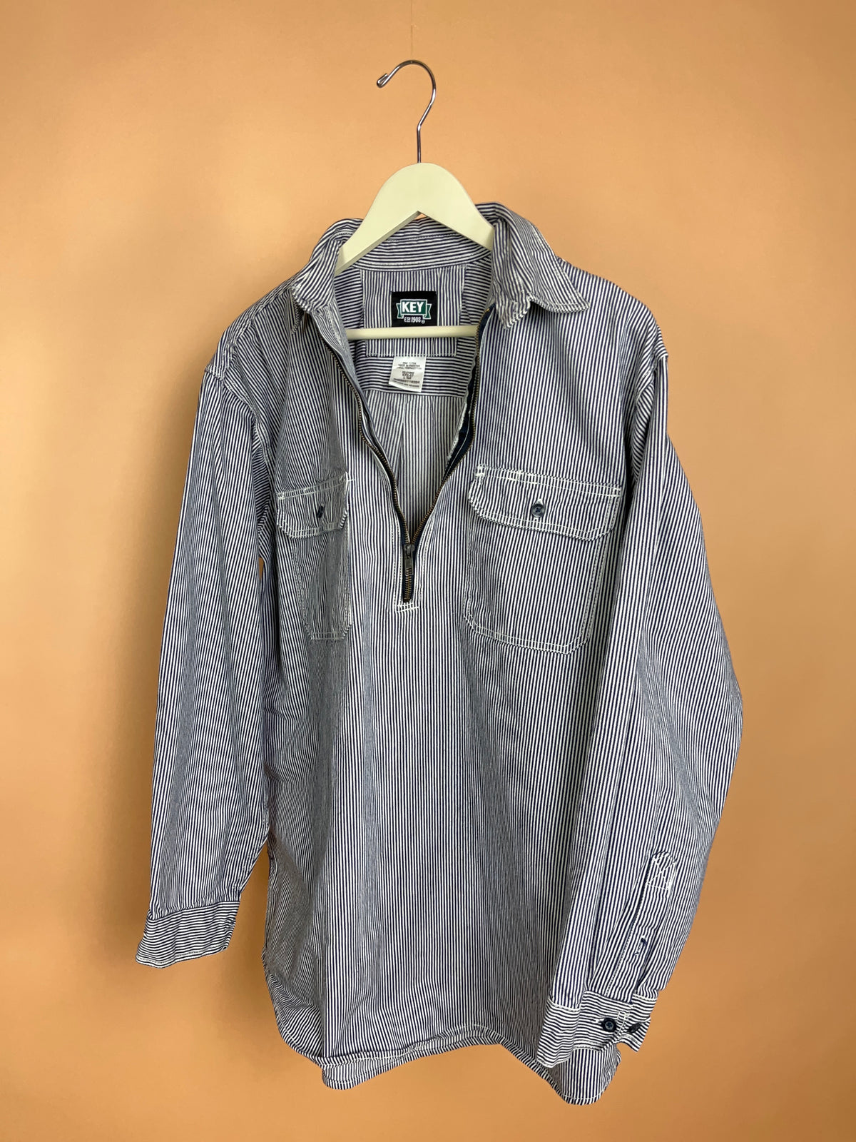 1990s KEY Hickory Stripe Cotton Half-Zip Work Shirt - L