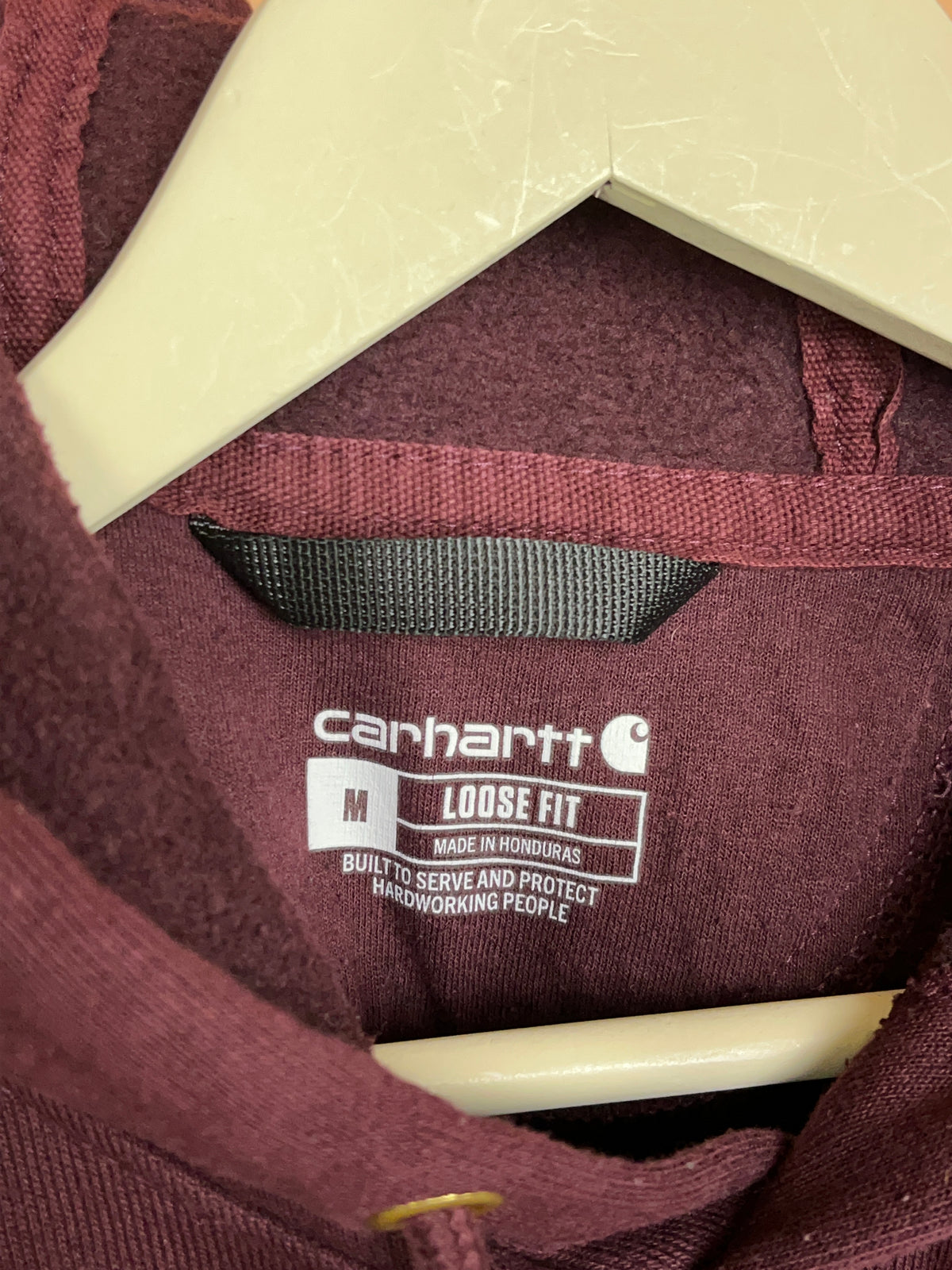 Carhartt maroon fleece hoodie with embroidered kangaroo pocket patch — Arkive Vintage