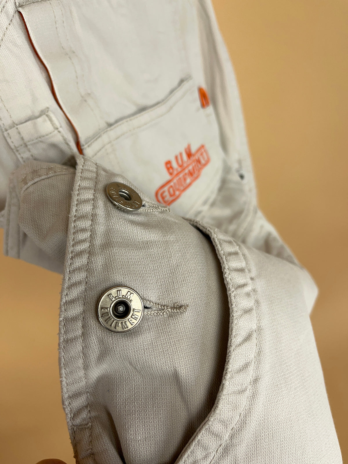 1990s B.U.M Equipment Ecru & Orange Dungaree Shorts