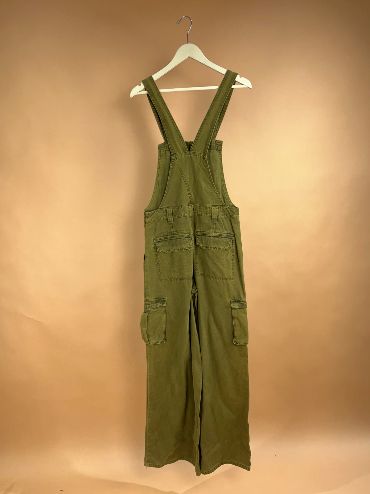 Y2K Olive Green Cargo Dungarees Wide Leg Military Style - 30"